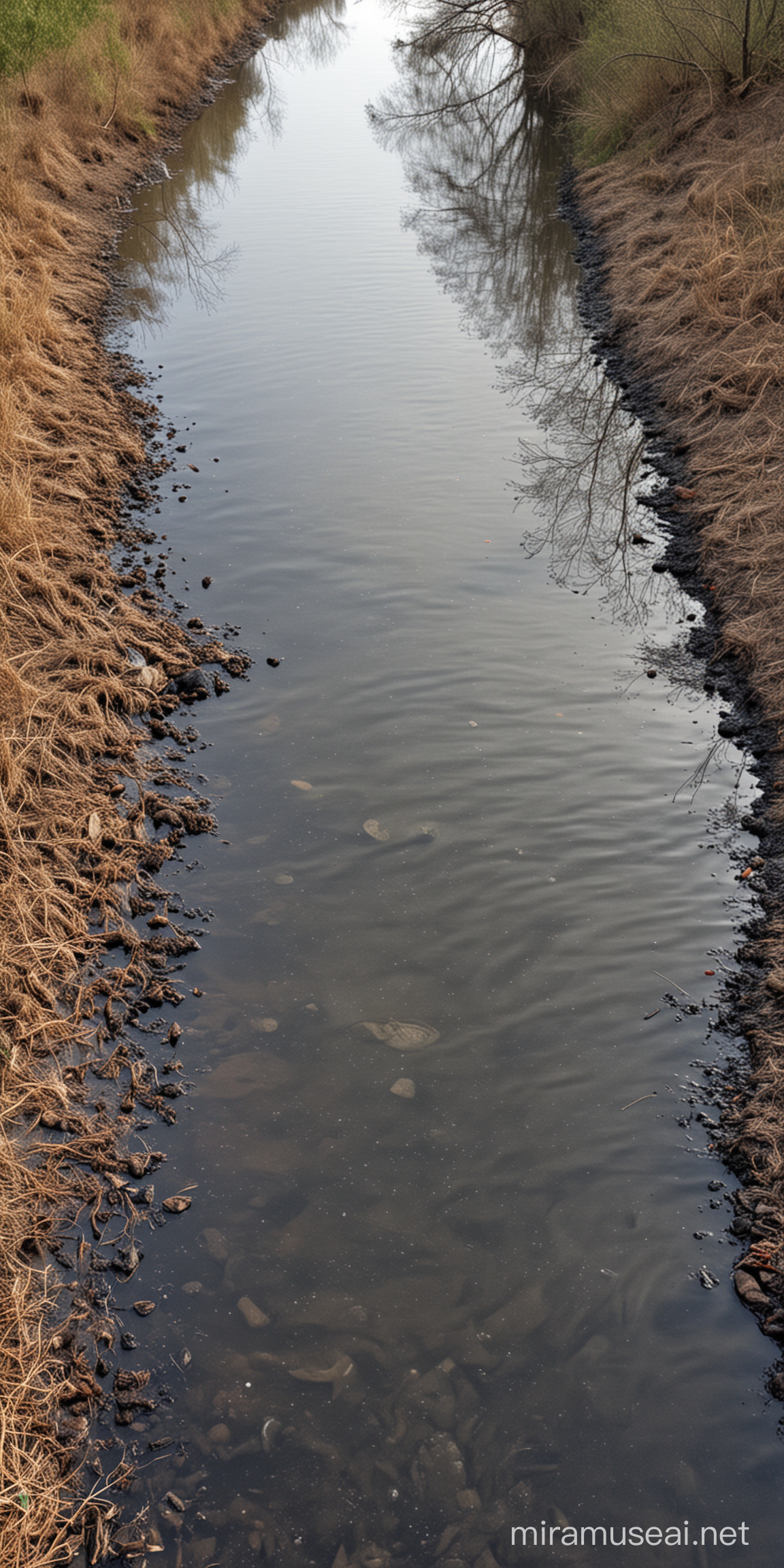 Polluted River Scene Contaminated by Dirty Oil Spill