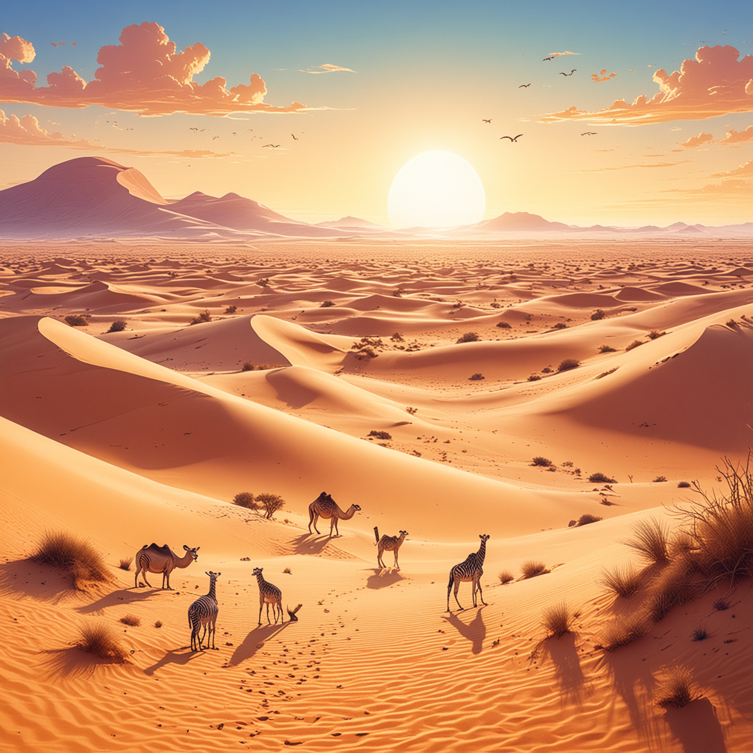 Eine majestätische Szene der Sahara, mit goldenen Sanddünen, einem strahlend blauen Himmel und einer Vielzahl von Tieren, die sich im Vordergrund versammeln, illustration, kawaii style