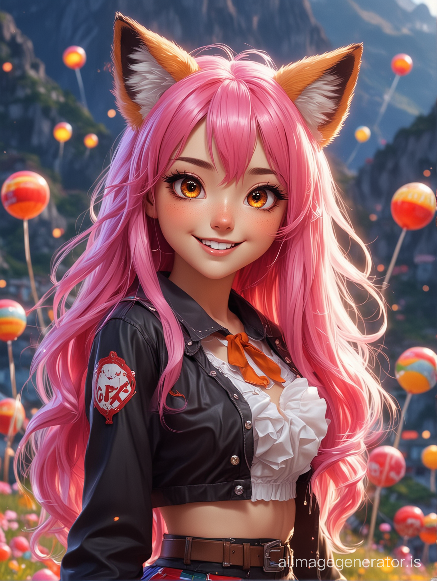 Mischievous Anime Girl with Fox Ears Amidst Mountainous Lollipop Wonderland  | AI Image Generator