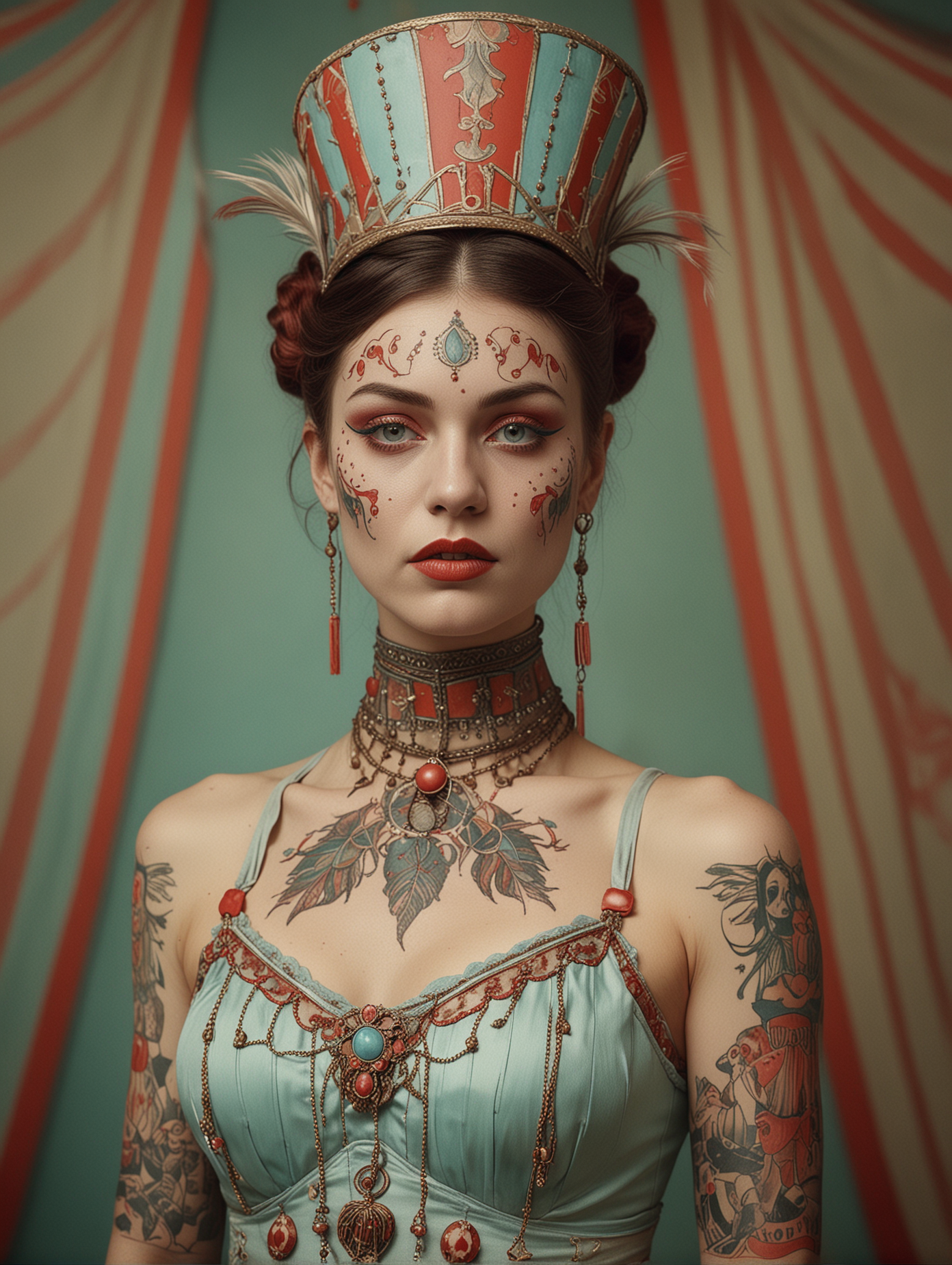 antique circus, in the style of whimsical yet eerie symbolism, Victorian 1920's circus, light cyan and red palette, portraiture, female acrobat, covered in tribal tatoos, nature-inspired pieces, circus costumes, ultra details