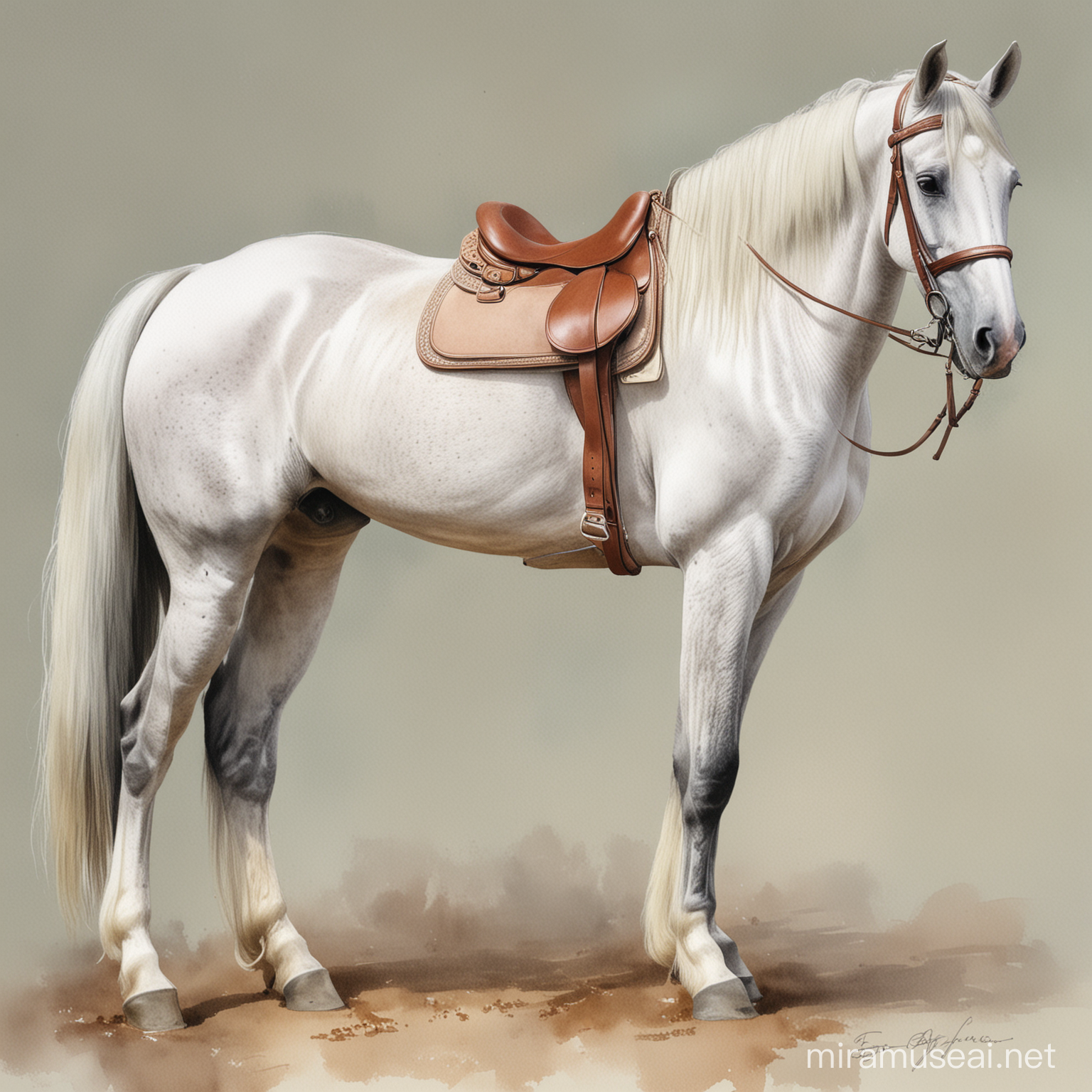Standing grey horse, wearing English saddle,pastel colored tack,  no backround, watercolor
