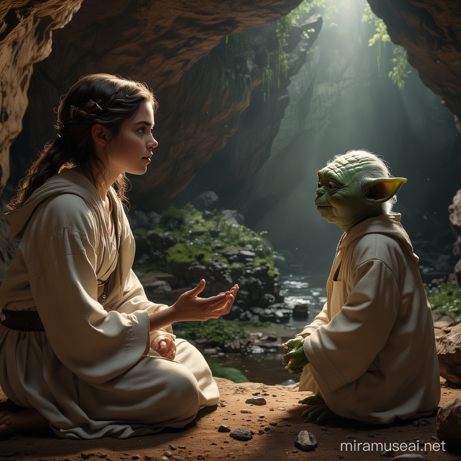 hyper fidelity UHD, realistic, 8k resolution, 16:9 framing, side view, Fujifilm classic chrome simulation, Rembrandt style. a pretty girl asking Yoda a question. background of a cave