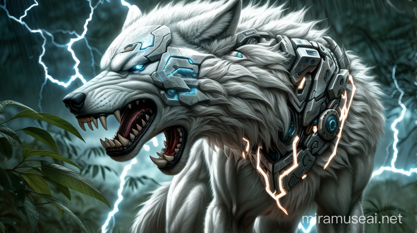 cyborg white wolf with sharp fangs, lightning strikes in the background, harsh jungle, chiaroscuro enhancing the intricate details, in a digital Rendering “v6”