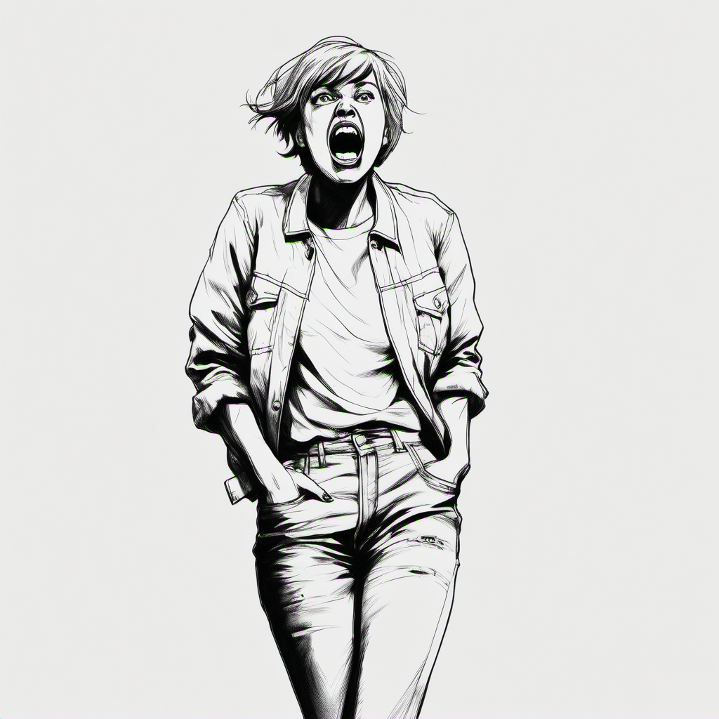 black and white drawing of full body of a screaming young woman looking straight ahead, casually dressed with short hair and in white with a white background