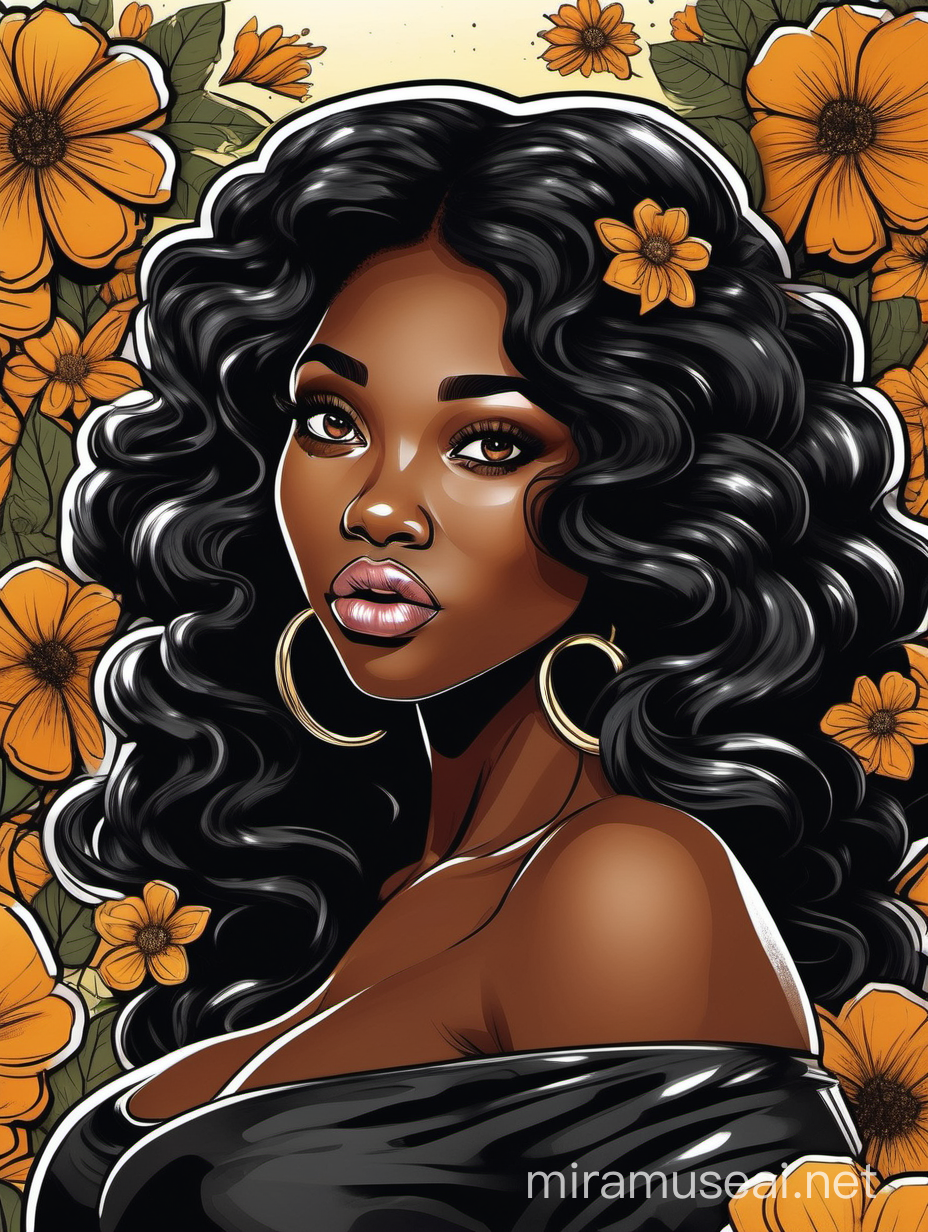 create an action painting cartoon art style image with exaggerated features, 2k. cartoon image of a curvy size black female looking off to the side. Prominent make up with hazel eyes. Highly detailed long black wavy hair. Background of black large flowers surrounding her
