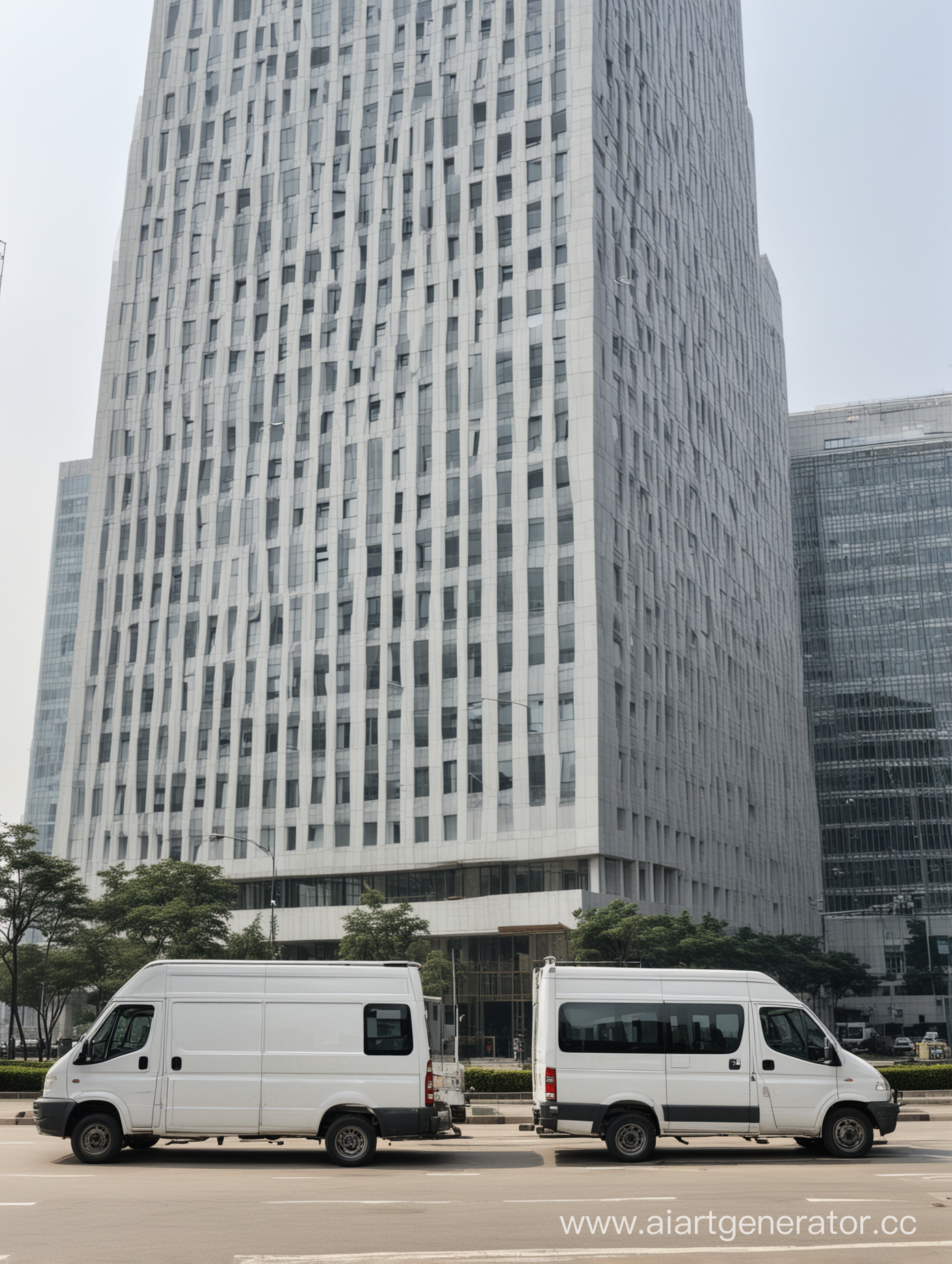 белый грузовой фургон стоит на фоне очень высокого офисного здания, которое видно целиком, в китае, вид сбоку