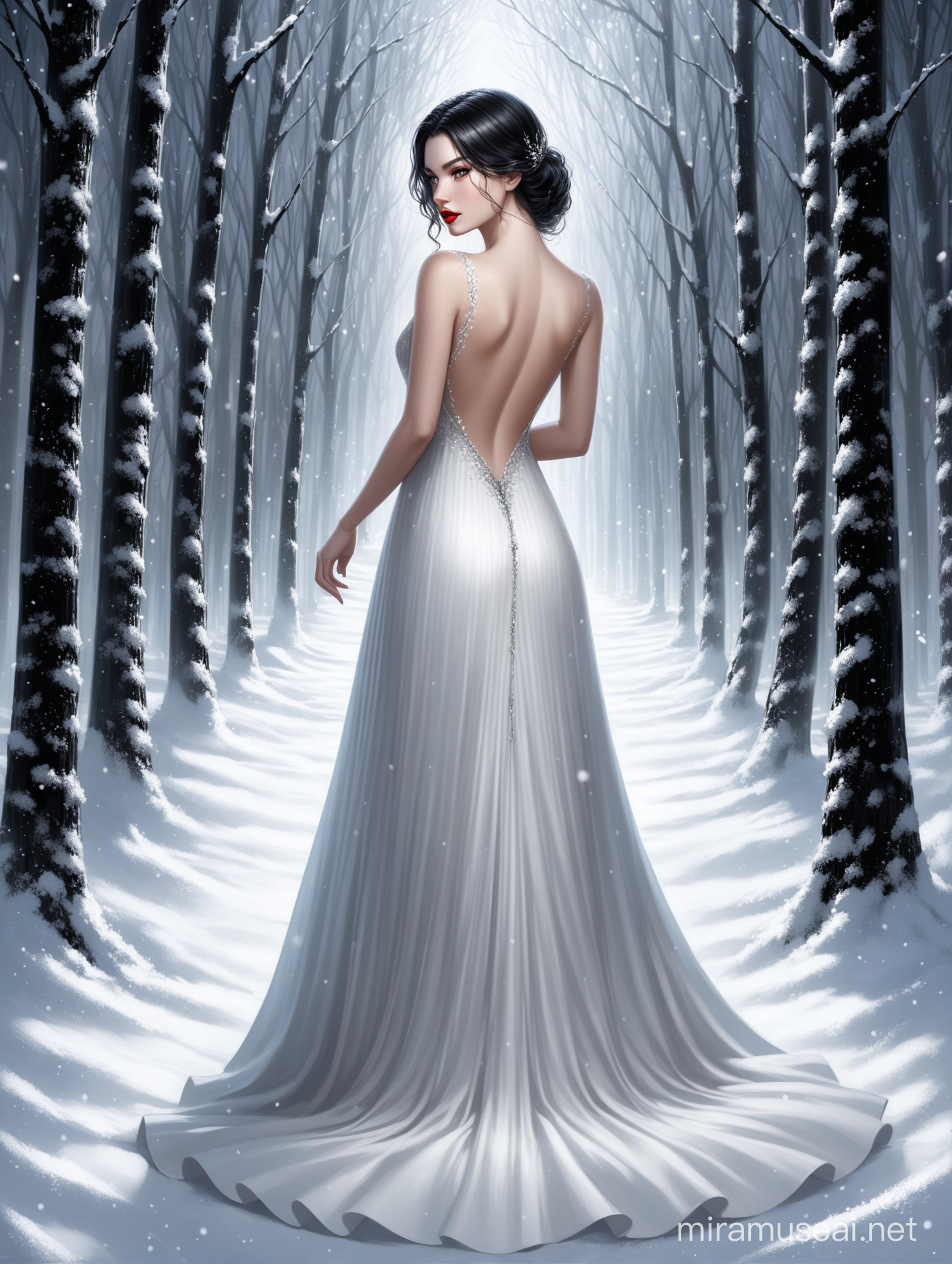 Aivision, full body of beautiful young women , full red lips,prety eyes, black hair. In shining snow - white , long gown with Exposed back, shining forest around . fairy tale , realistic facial features . Realistic hair texture,elegant , crispy quality Federico Bebber's expressive, black and white, night