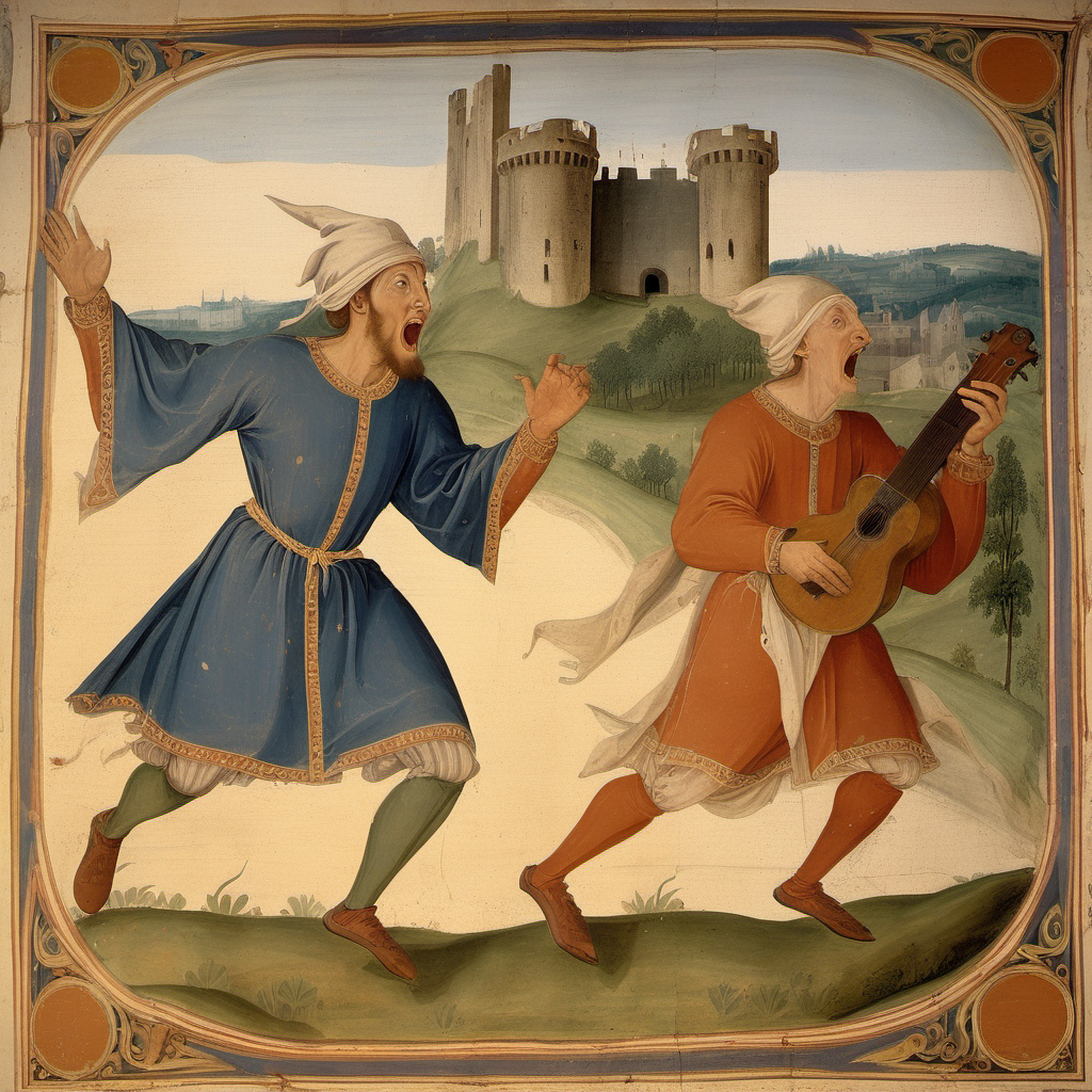 mittelalterliche Wandmalerei: zwei männliche Minnesänger mit Musikinstrumenten und einfacher Leinen-Kleidung und Kopfbedeckungen aus Leinen laufen schreiend davon. Im Hintergrund ist eine Hügellandschaft und eine Burgruine.