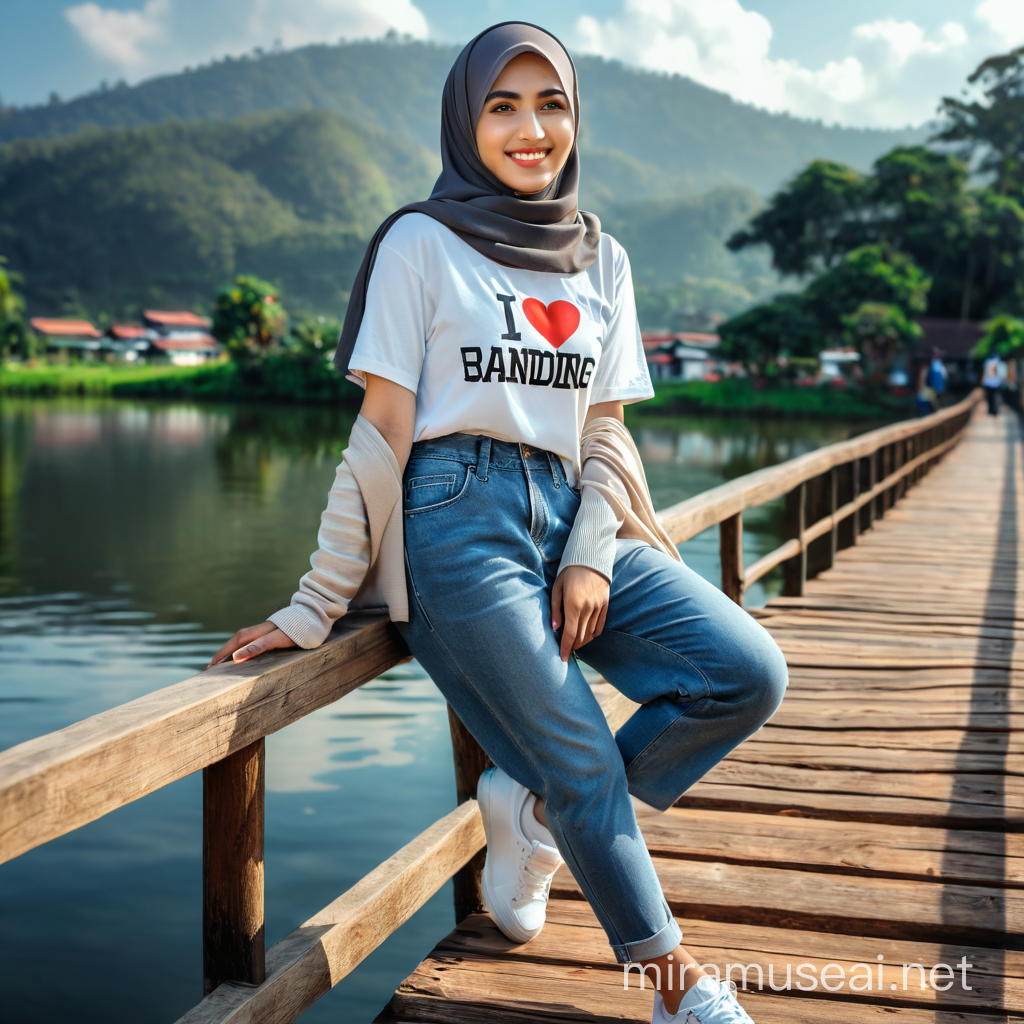 Realistic photo HDR, 16K UHD, A beautiful from indonesia woman wearing a hijab and a white t-shirt that says "I LOVE YOU BANDUNG" on her t-shirt, long jeans, sneakers. Standing on the wooden bridge he smiled faintly facing the front, the background of the surrounding scenery of the lake and the blue sky light. photography, professional photography, very high quality, original photo, focus photo, nature photo, ultra HD, very sharp