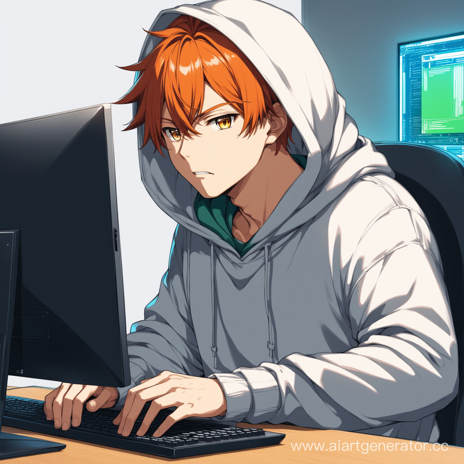 Аниме персонаж (парень в толстовке) играющий за компьютером
