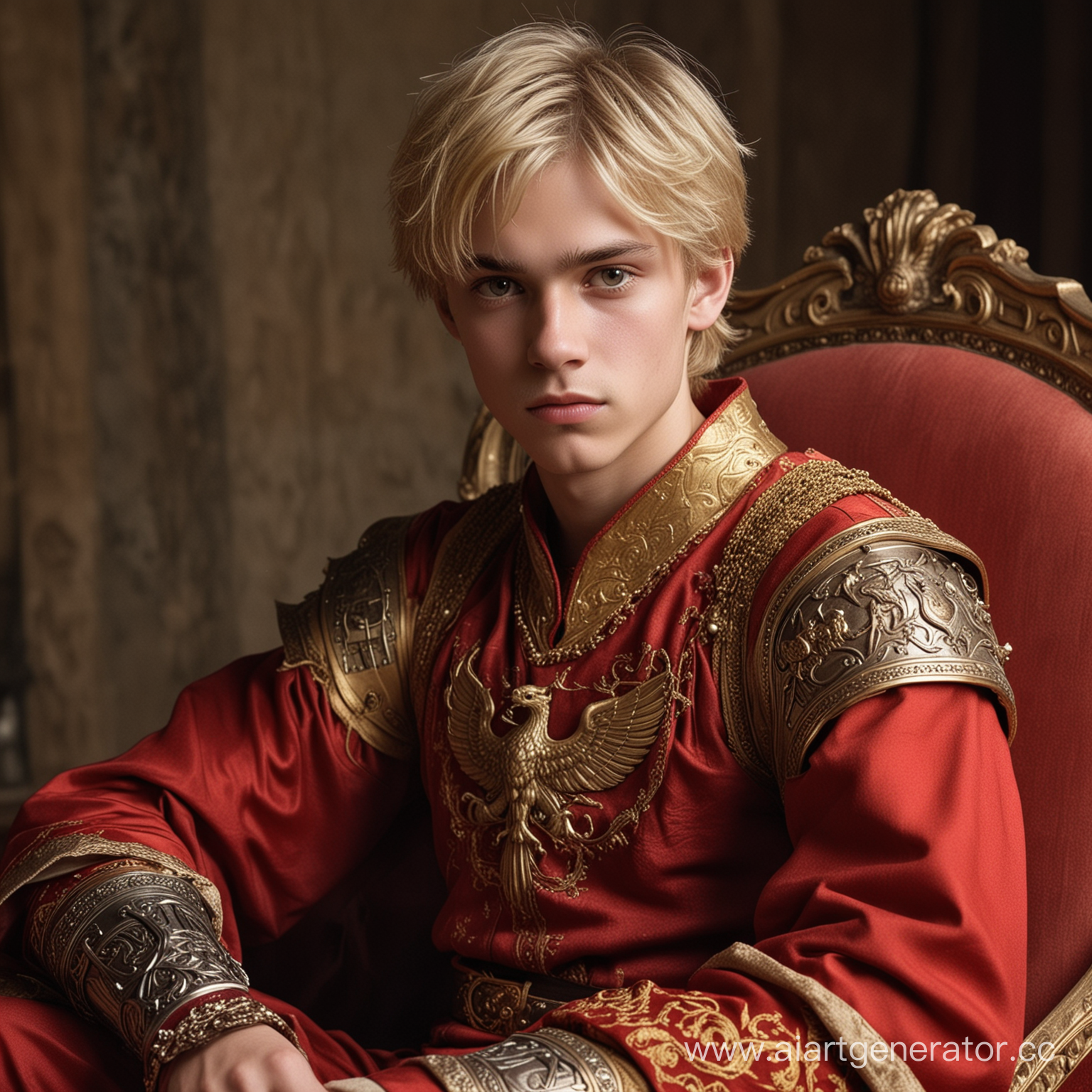 A young prince fifteen years old. Blond hair, blond, thin eyebrows, pleasant facial features, large brown eyes, good looks, slim figure. He is sitting in an armchair with a small sword in his hands, dressed in red and gold clothes with the image of a griffin.
A sullen expression on his face, a heavy character, a sad look.
In the style of fantasy fairytale