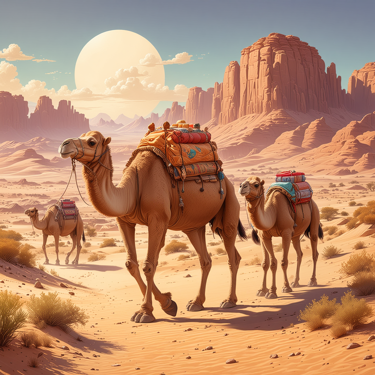  Eine Familie von Dromedaren wandert durch die Wüste, ihre charakteristischen Höcker voll beladen mit Vorräten, illustration, kawaii style