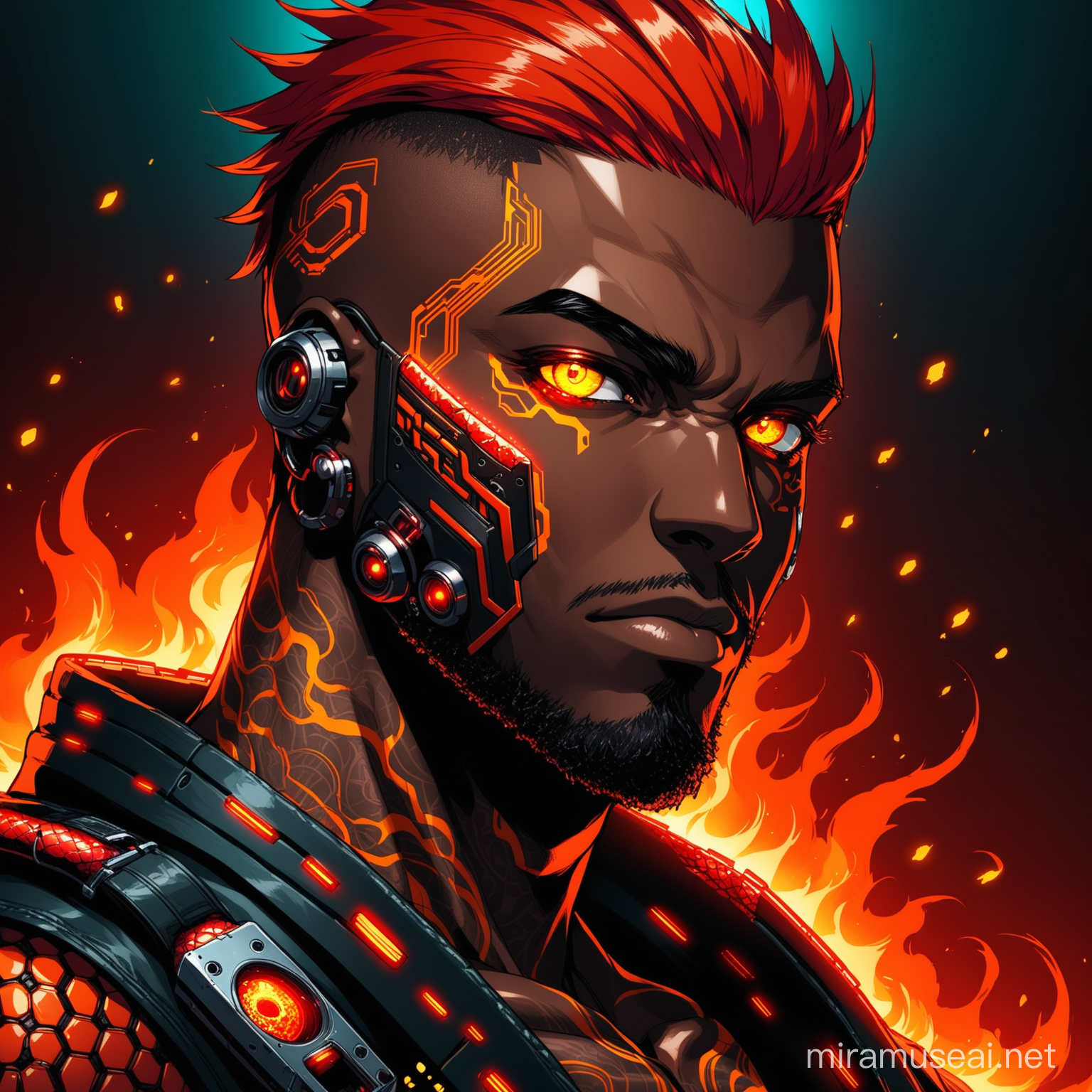 Prompt
Create a close-up portrait of a strong, handsome dark-skinned man with fiery red hair and piercing red snake eyes. He wears Cyberpunk attire. Ensure precise detail in depicting his eyes.  Dark background