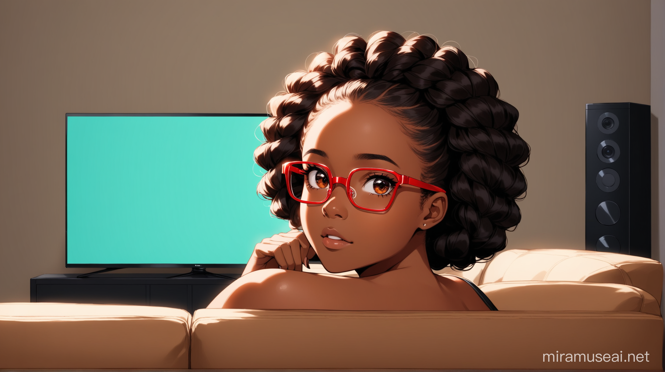 Young Woman with Passion Twist Hairstyle Watching TV in Red Eyeglasses
