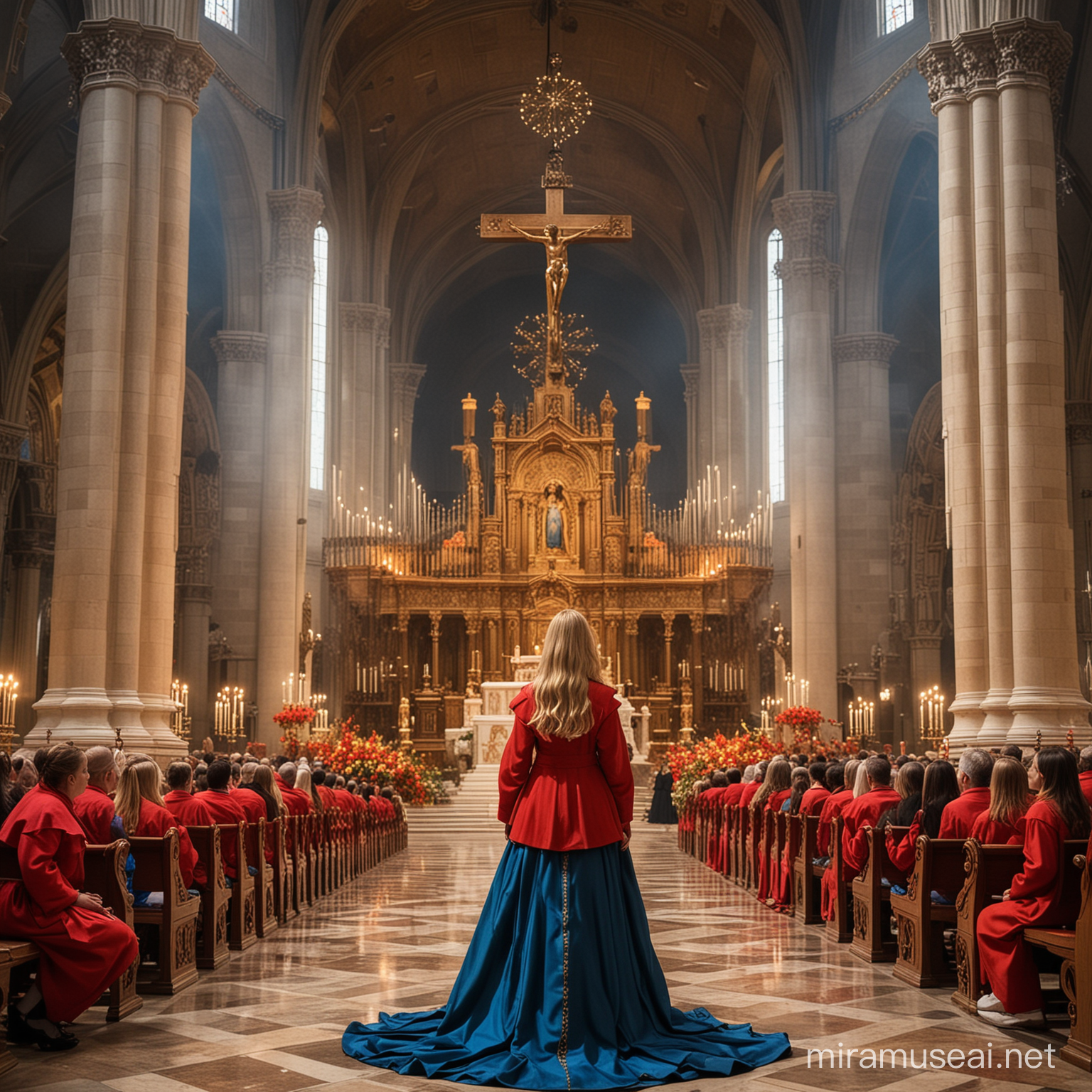 Diosa emperatriz hermosa adolescente de cabellos color miel vestida con conjunto azul y gabardina elegante color rojo de pie junto a un altar dentro de una gigantesca iglesia católica, flotando en el aire,lanzando fuego que le sale de todo el cuerpo, rodeada de muchas personas y sacerdotes y monjas hincadas adorandola y un gran crucifijo en llamas de fondo y un gigantesco pavo real en su hombro derecho 