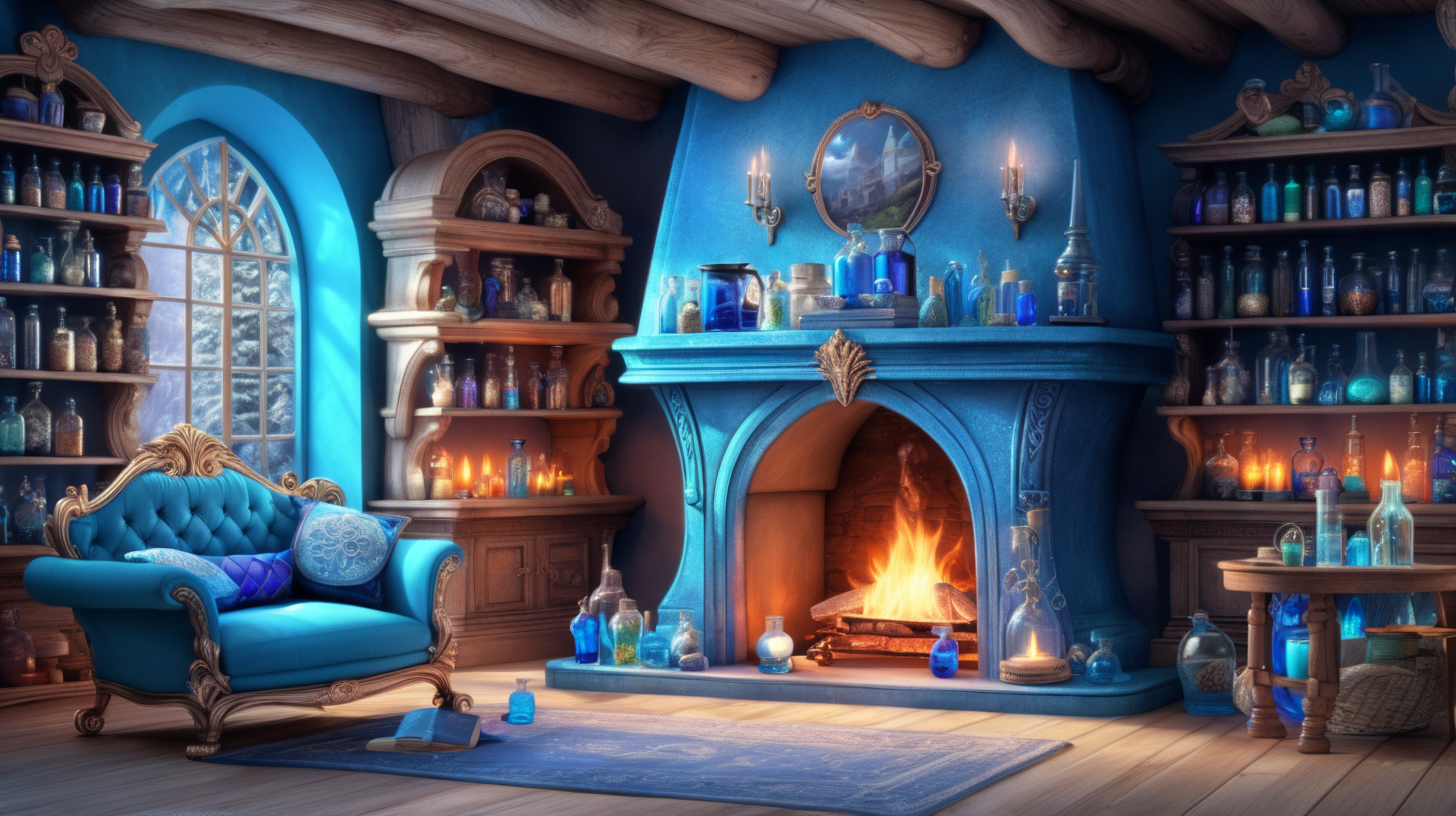 Magical Fairytale room with bright blue flamed fireplace and potions