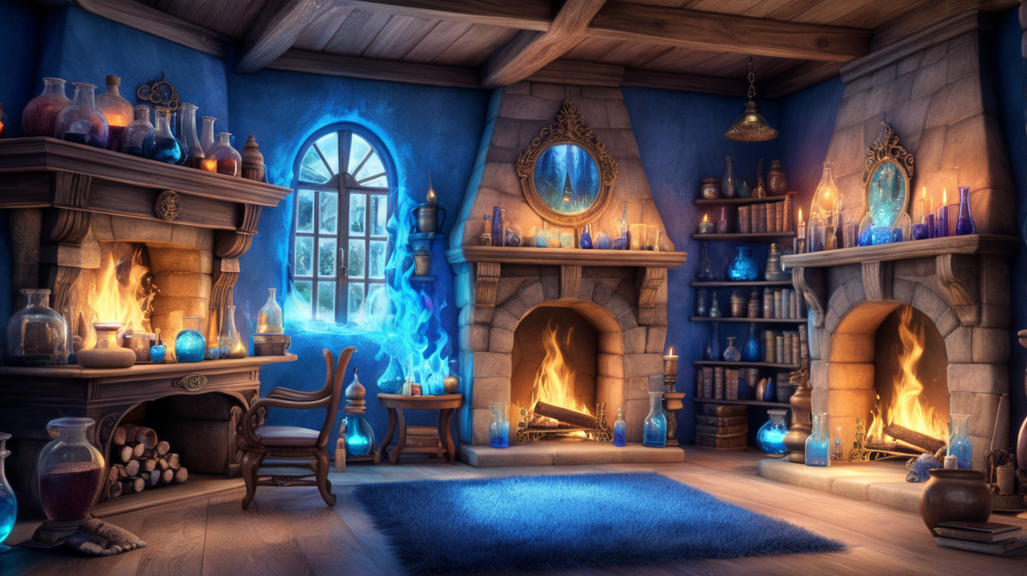 Enchanted Fairytale Room Fireplace with Bright Blue Flames and Potions