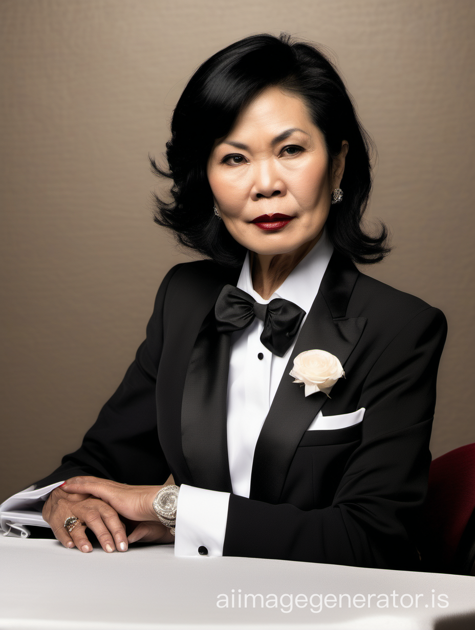 50 year old stern vietnamese woman with black shoulder length hair and lipstick wearing a tuxedo with a black bow tie and cufflinks. Her jacket has a corsage. She is sitting at a dinner table.
