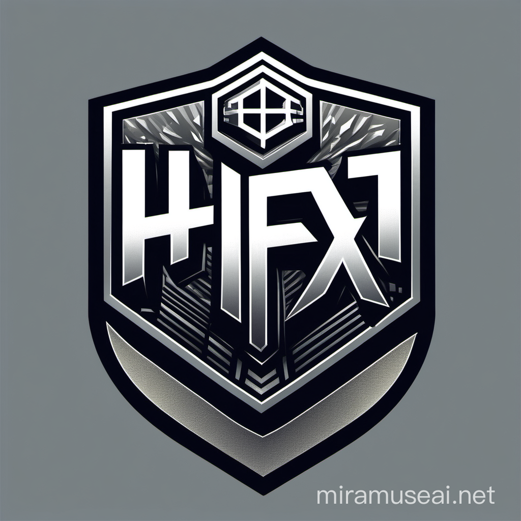 logo of a cybersport team, called "HFX5", use rectangular shapes, in metallic gray tones, you can somehow implement the coat of arms of the city of Mogilev.