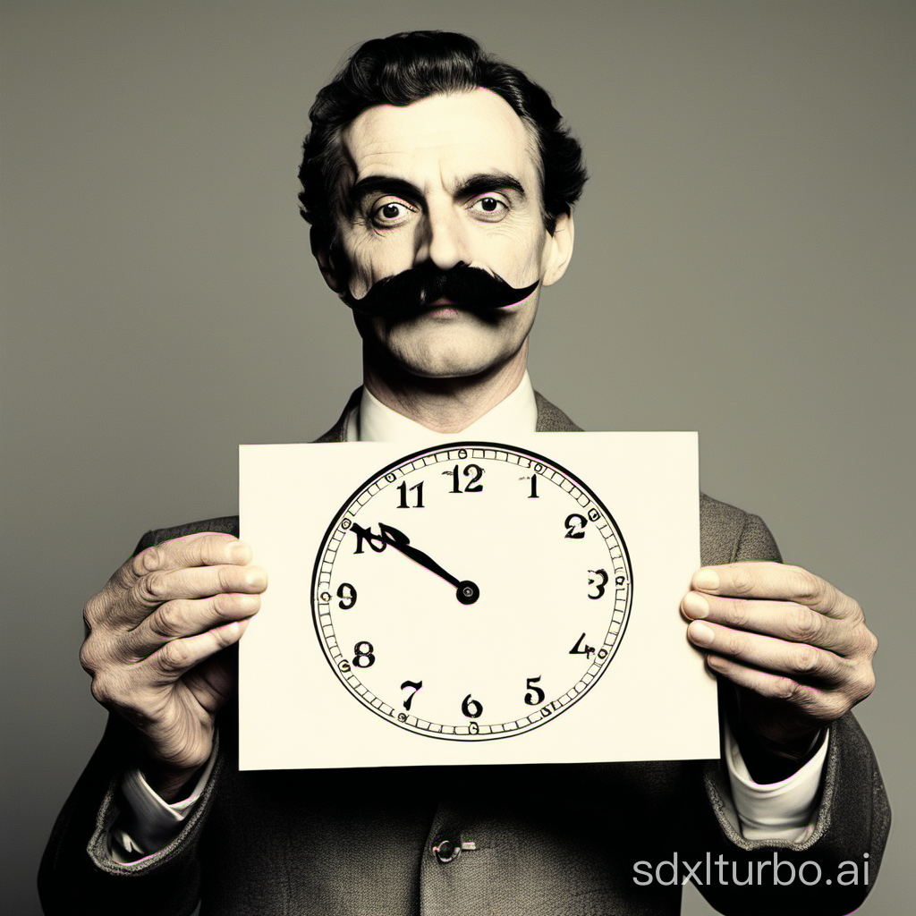 A man with a moustache handing over a piece of paper with analogue time on it