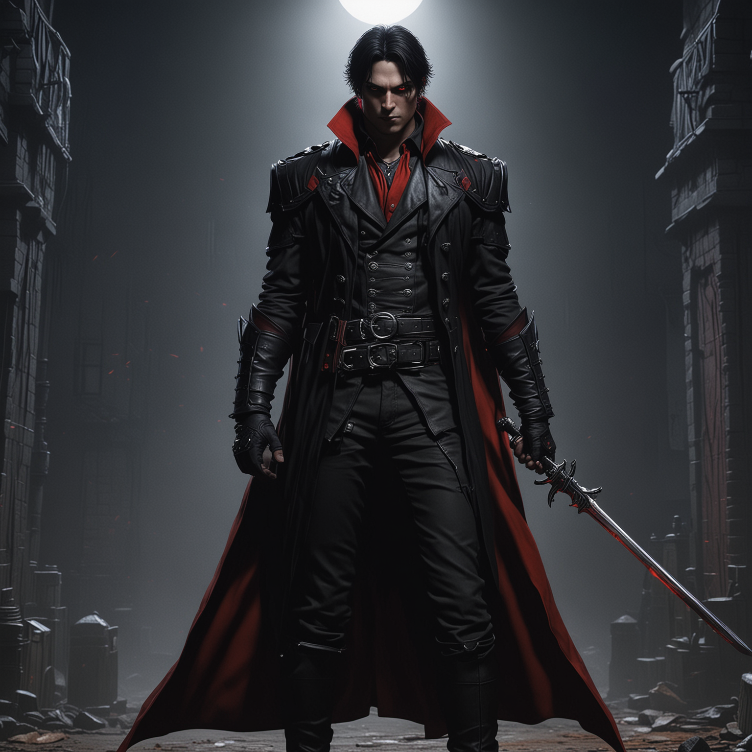 Cid Kagenou from anime The Eminence in Shadow as a vampire hunter in black with red hunter costume, shadows on background , hyper-realistic, photo-realistic