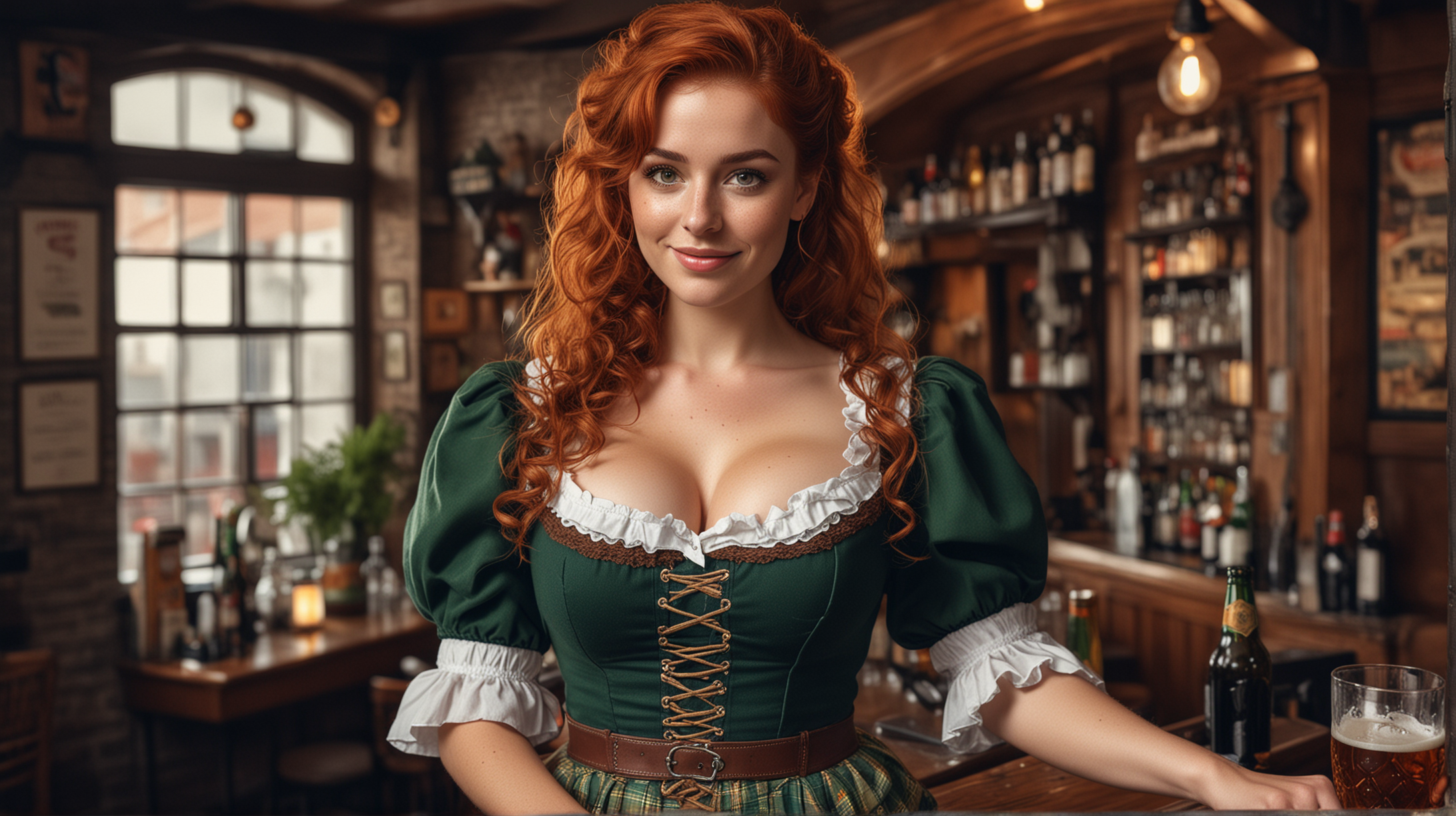 A high-resolution photograph of a beautiful middle-age Irish woman. She's standing in an old Irish pub.  Her very-long curly red hair cascades around her shoulders.

She's wearing a plunging low-cut dark green Oktoberfest Beer Girl costume with puffy sleeves that shows lots of cleavage.  Short matching ruffled skirt.  She has very large breasts.  White thigh-high socks. Heavy dark eyeshadow. Flirty smile.  She has freckles across her cheeks and nose. 

Vivid colors. clean sharp focus. Thin waist. Wide hips. Every detail is meticulously rendered, from the ultra-detailed lighting to the subtle imperfections that lend authenticity to the image.

With a blend of studio and natural lighting, high contrast, and ray tracing techniques, the photograph achieves a level of realism that brings the scene to life. Random details, such as the texture of the woman's skin and the pores that dot its surface, add depth and dimension to the image. dark vignette around the photo, zoomed out to capture her full body, low angle