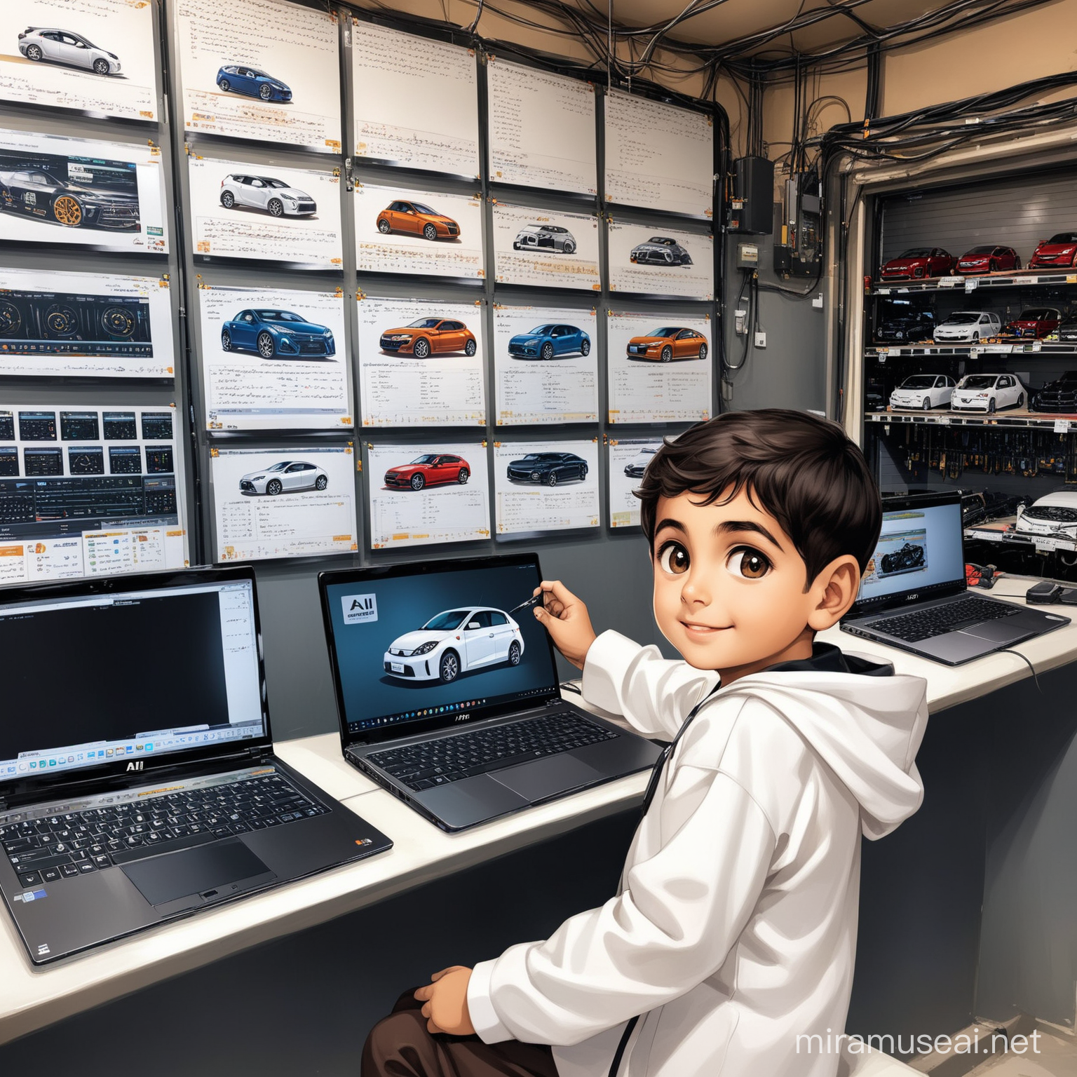 Our language is Persian so when I use quotation(") beginning and end of a phrase it is utf-8 character set so in the result on the image AI must use them.

Ali("علی") is a Persian little boy he is 8 years old, cute, white skin, smiling, high technology car manufacturing engineer.

Samandcr("سمند") is a modern and high technology car manufactured by Iran Khodro brief IKCO("ایران خودرو"), the hood is open, engine is visible.

Ali("علی") is repairing Samandcr by a laptop.

Atmosphere is a super high technology auto repair shop, with some laptops, car tuning devices, cartoon.

On the walls are monitors, few devices, a monitor screen on the wall showing the differential of a high technology car.

Clothes of Ali("علی") is the clothes of an engineer which is full of Persian designs.