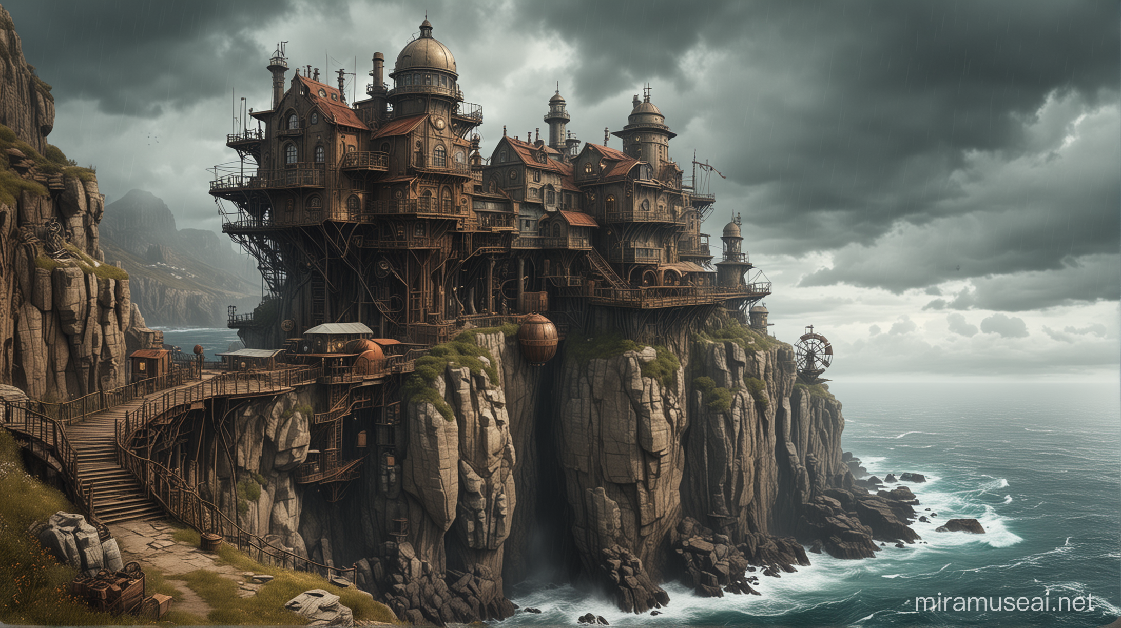 Steampunk colony on the high cliff by the sea. Cloudy and rainy. The sea is troubled.