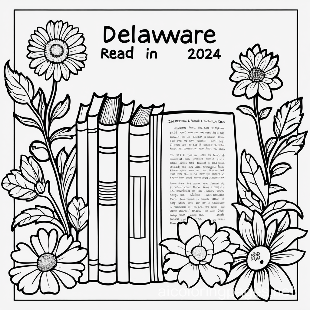 Kids Coloring page with books, flowers, and text "Delaware Read-In 2024", Coloring Page, black and white, line art, white background, Simplicity, Ample White Space. The background of the coloring page is plain white to make it easy for young children to color within the lines. The outlines of all the subjects are easy to distinguish, making it simple for kids to color without too much difficulty