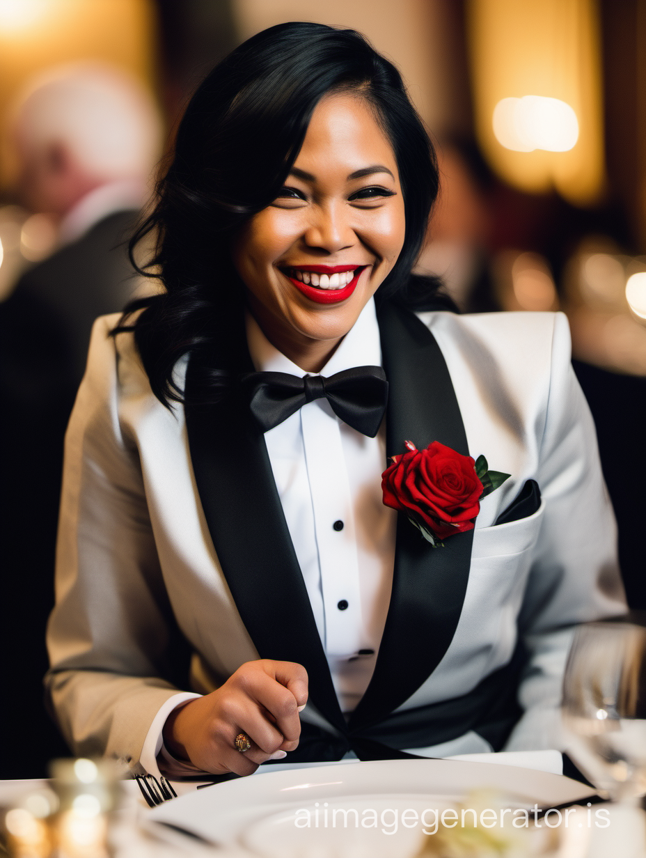 30 year old smiling and laughing filipino woman with shoulder length black hair and red lipstick wearing a tuxedo with a black bow tie.  She is wearing cufflinks.  Her jacket has a corsage. She is at a dinner table.