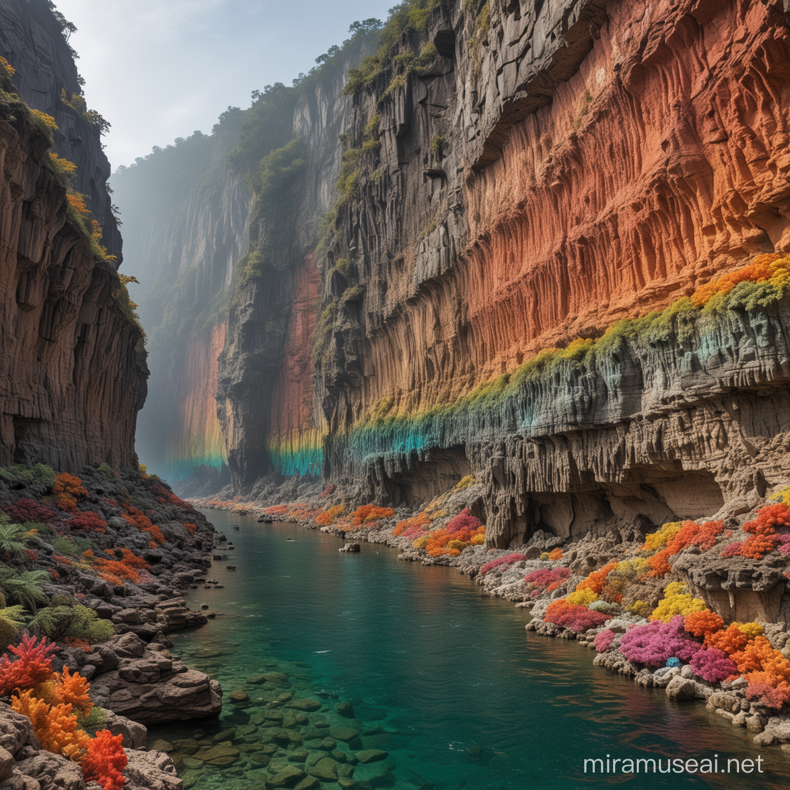 A river canyon with cliff walls, which vary from 50 to 200 feet high. The cliff walls are lined with row upon row of rainbow colored coral. Mixed in among the corals are intact skeletons of plesiosaurs, giant sharks, and other sea creatures.