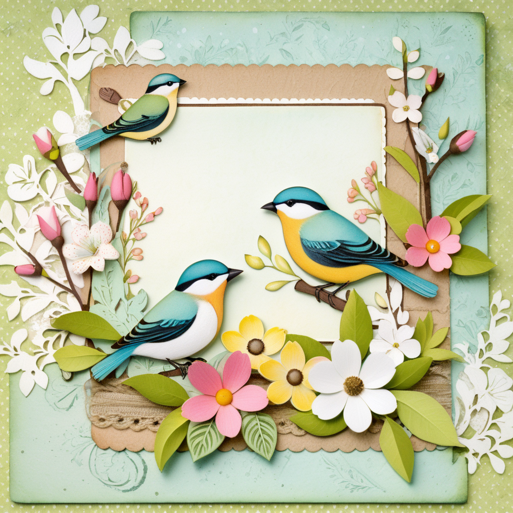 Springtime Scrapbooking Card with Colorful Flowers and Chirping Birds