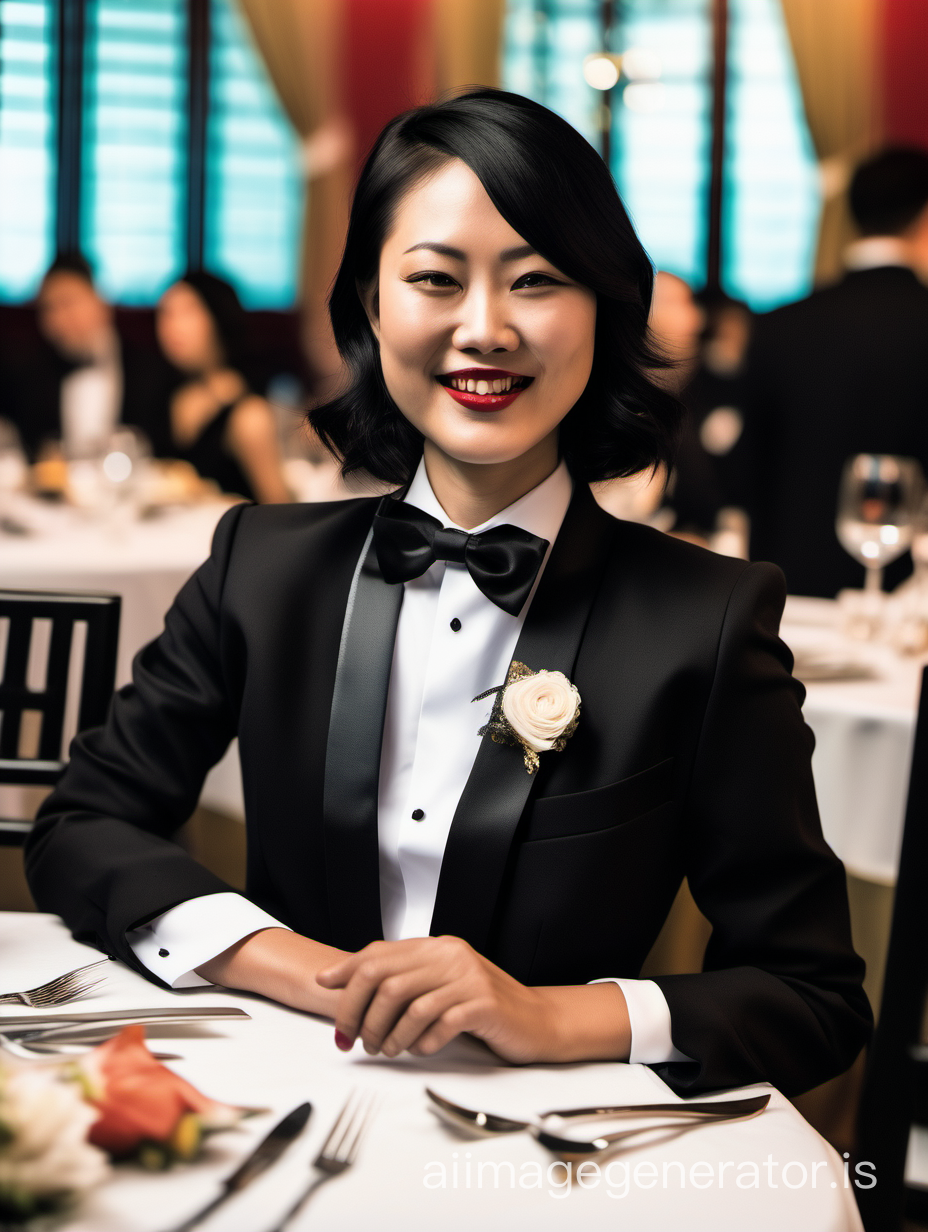 30 year old smiling chinese woman with black shoulder length hair and lipstick wearing a tuxedo with a black bow tie and cufflinks. Her jacket has a corsage. She is sitting at a dinner table.