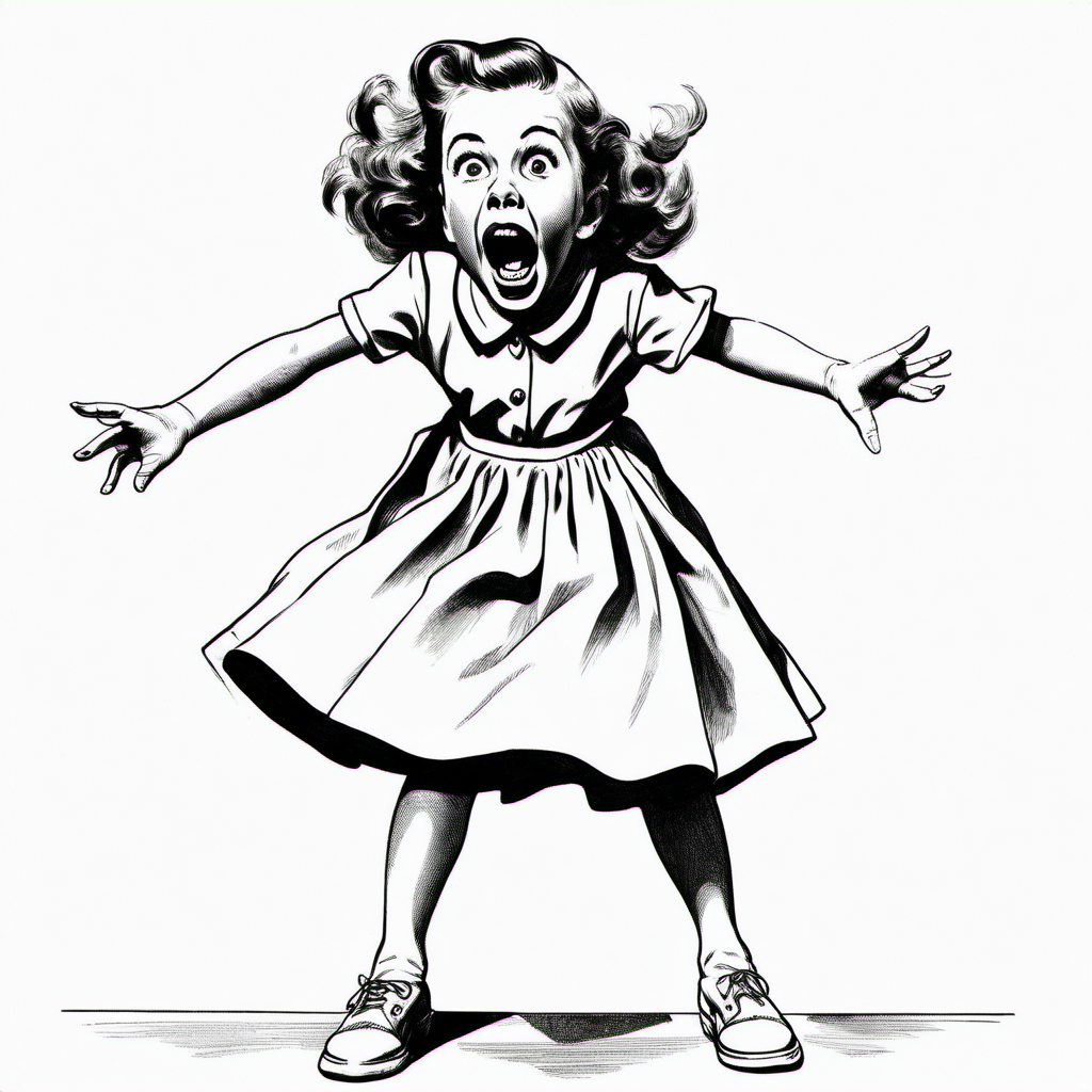 black and white drawing of FULL BODY of 1950s screaming girl looking straight ahead, dressed in white with all white background
