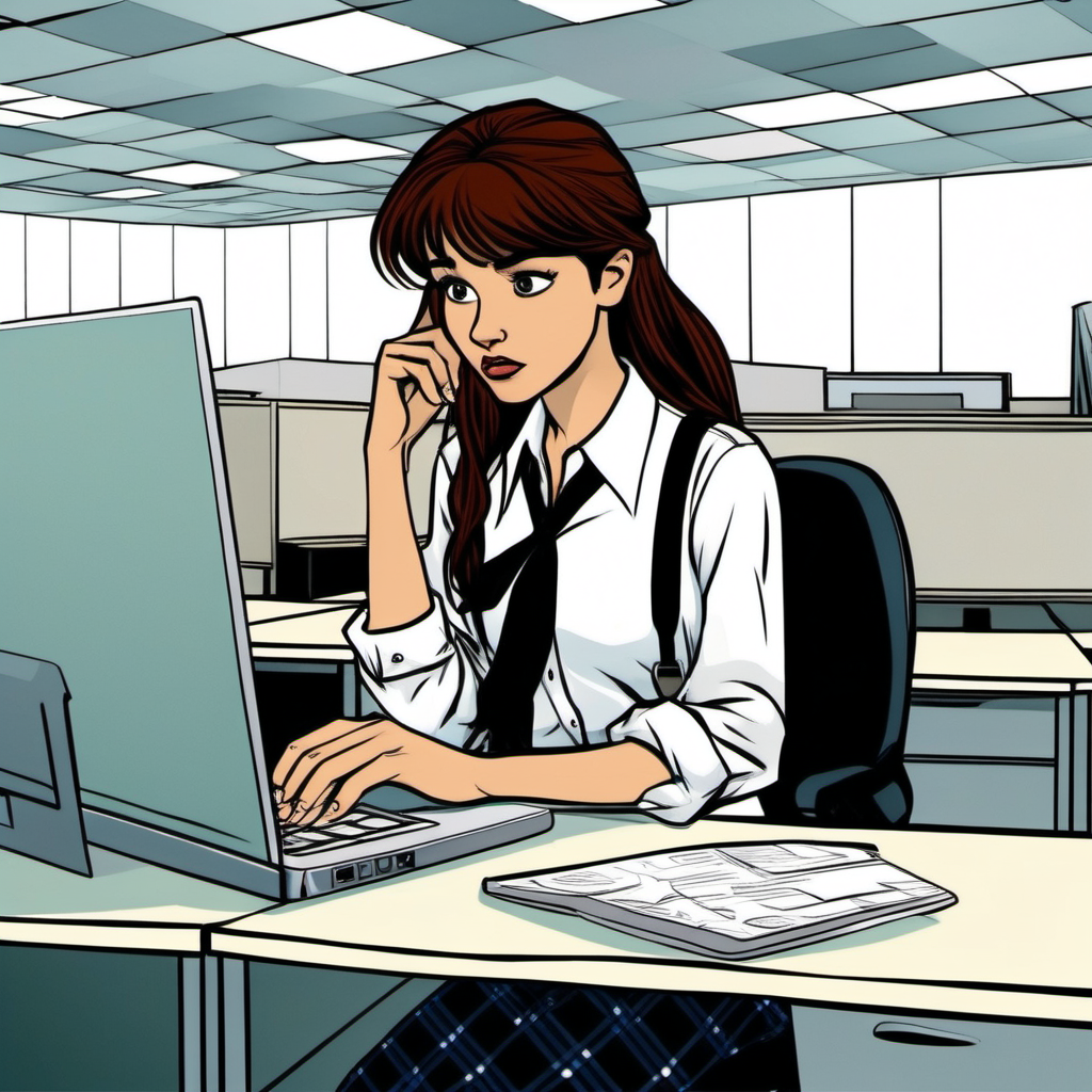in the style of a Disney movie, show a young woman in a corporate cubical sad that her work laptop is frozen (phsycially). She is brunette with bangs, wearing plaid pants and white button up shirt with black slip on shoes 