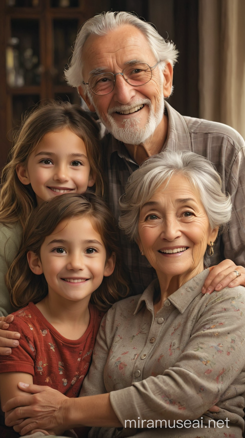 Happy Mother with Peaceful Grandfather and Children