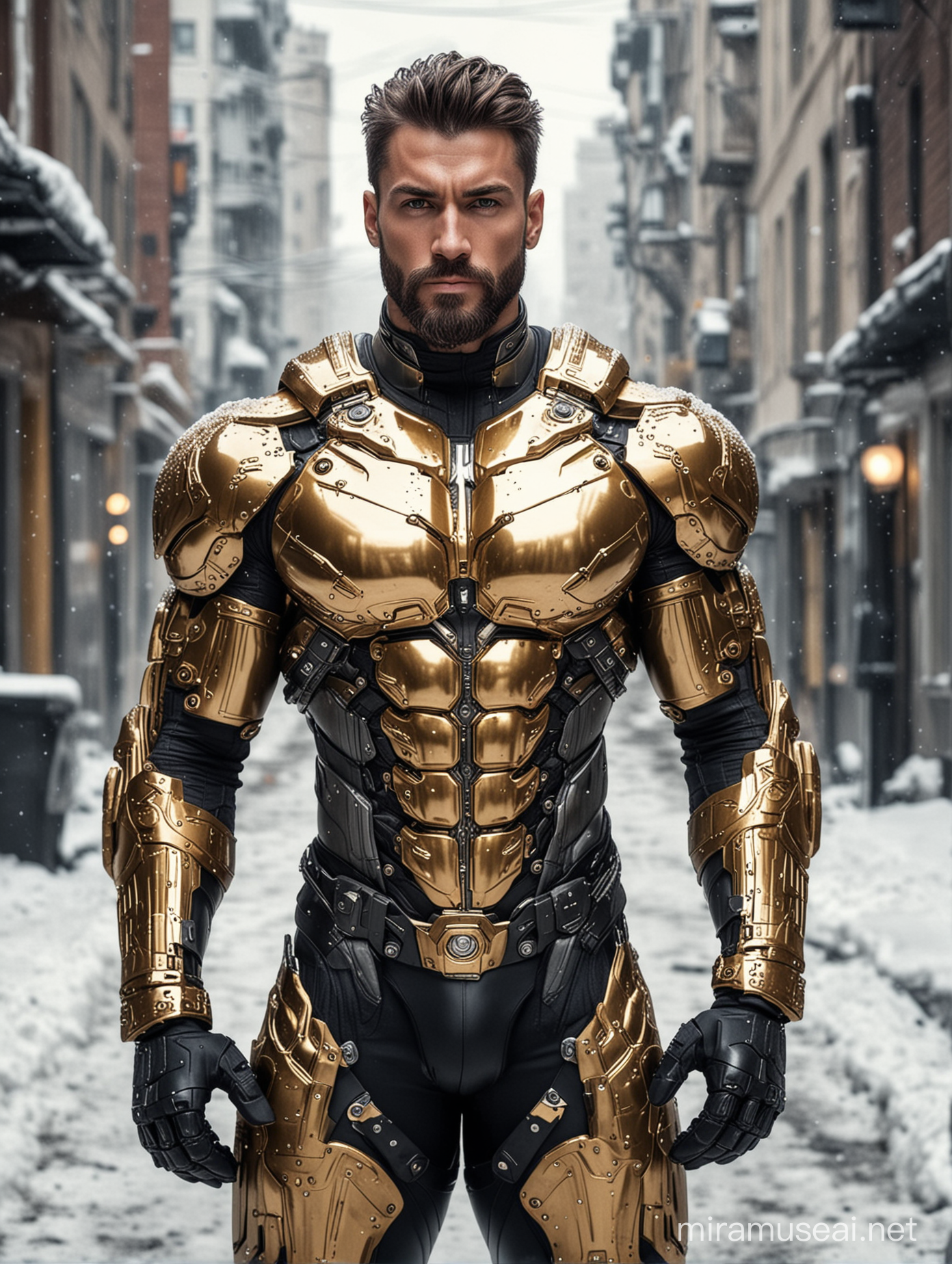 Tall and handsome bodybuilder men with beautiful hairstyle and beard with attractive eyes and Big wide shoulder and chest in sci-fi High Tech golden, sliver and black armour suit with firearms walking on snowy street