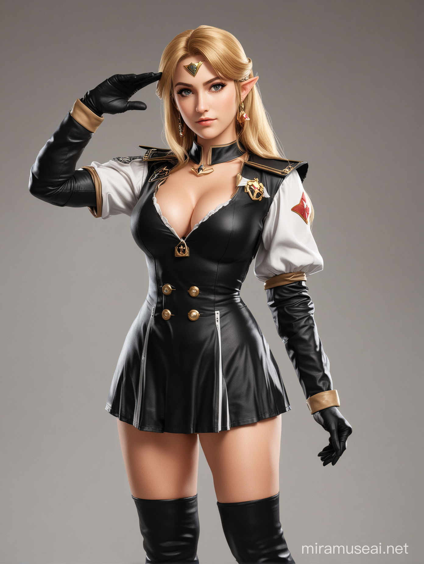 princess zelda from super smash bros melee in a black german SS uniform with huge breasts and cleavage doing a one arm salute on a blank background