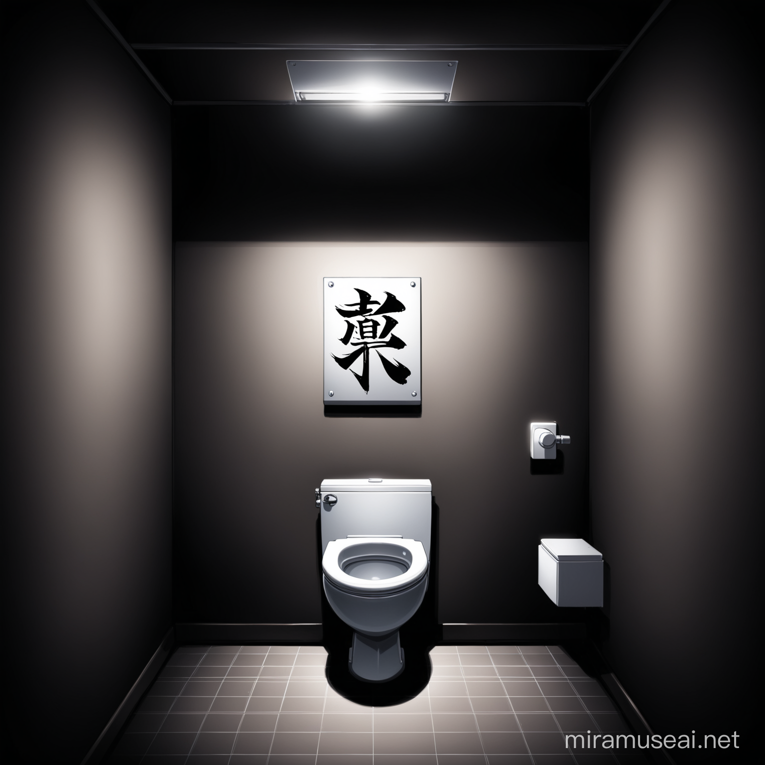 High School Girl in Dimly Lit Private Restroom with Kanji Writing