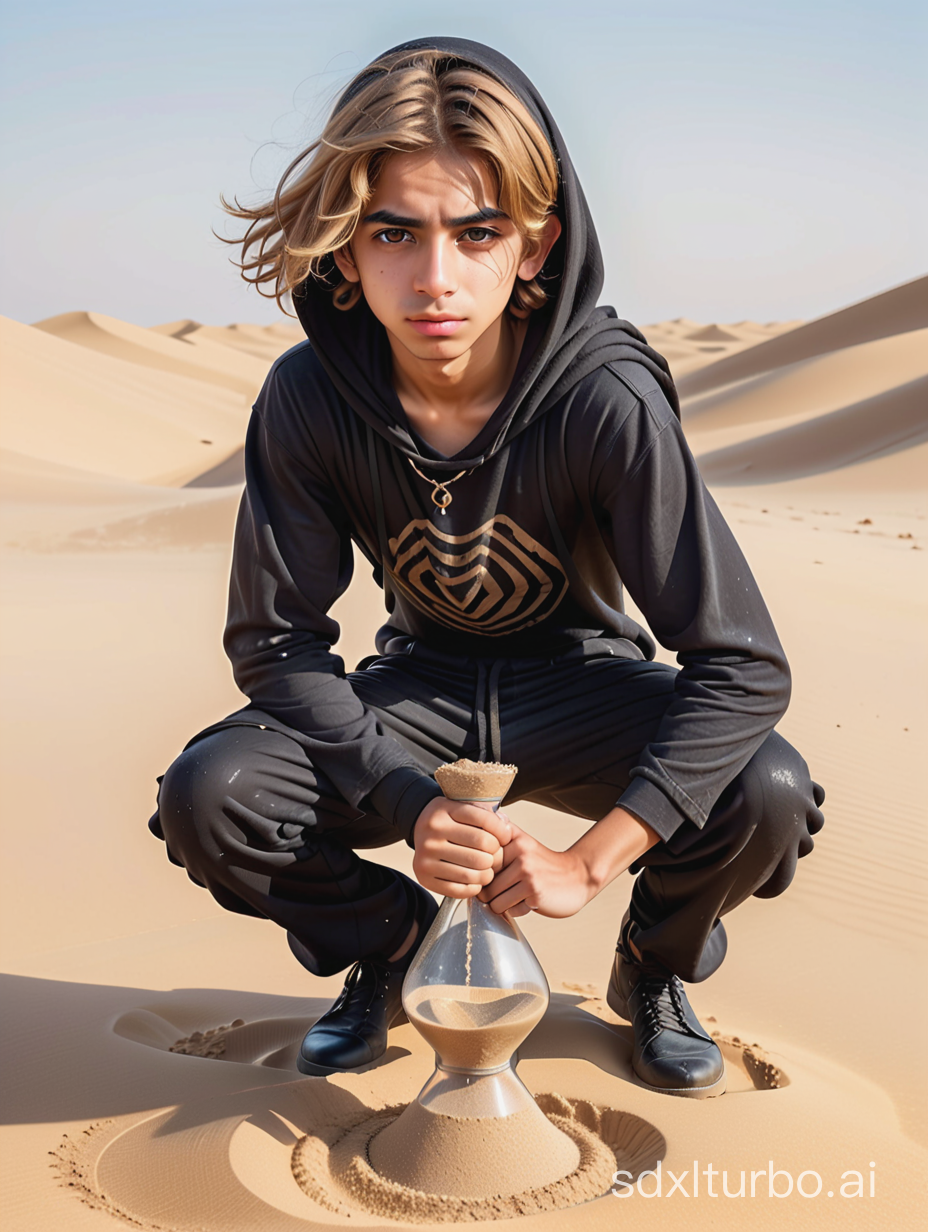 Full body portrait of a Middle eastern teen with dirty blond hair, hair is wild and covered in sand, round face, big expressive eyes, wearing black scavenger clothes, squatting in a desert environment, he is holding an hourglass, he is carrying a bag of hourglasses, ((dynamic pose)), hunched over, sneaky expression