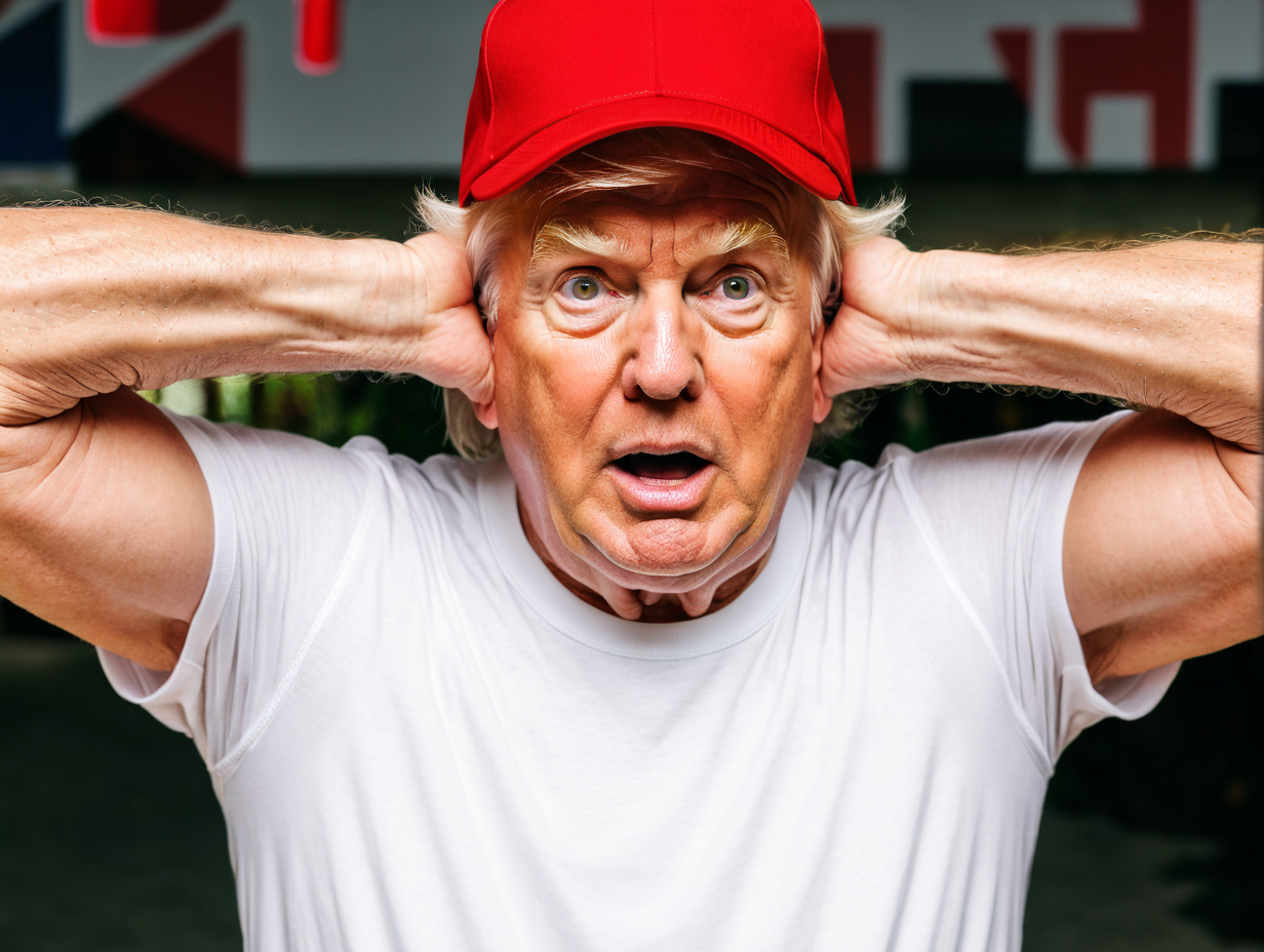A crazy old white man who looks like Donald Trump  with SHORT HAIR with red MAGA cap wearing a white t shirt facing forward. The lighting looks like flash photography. Hands cover ears like "hear no evil"