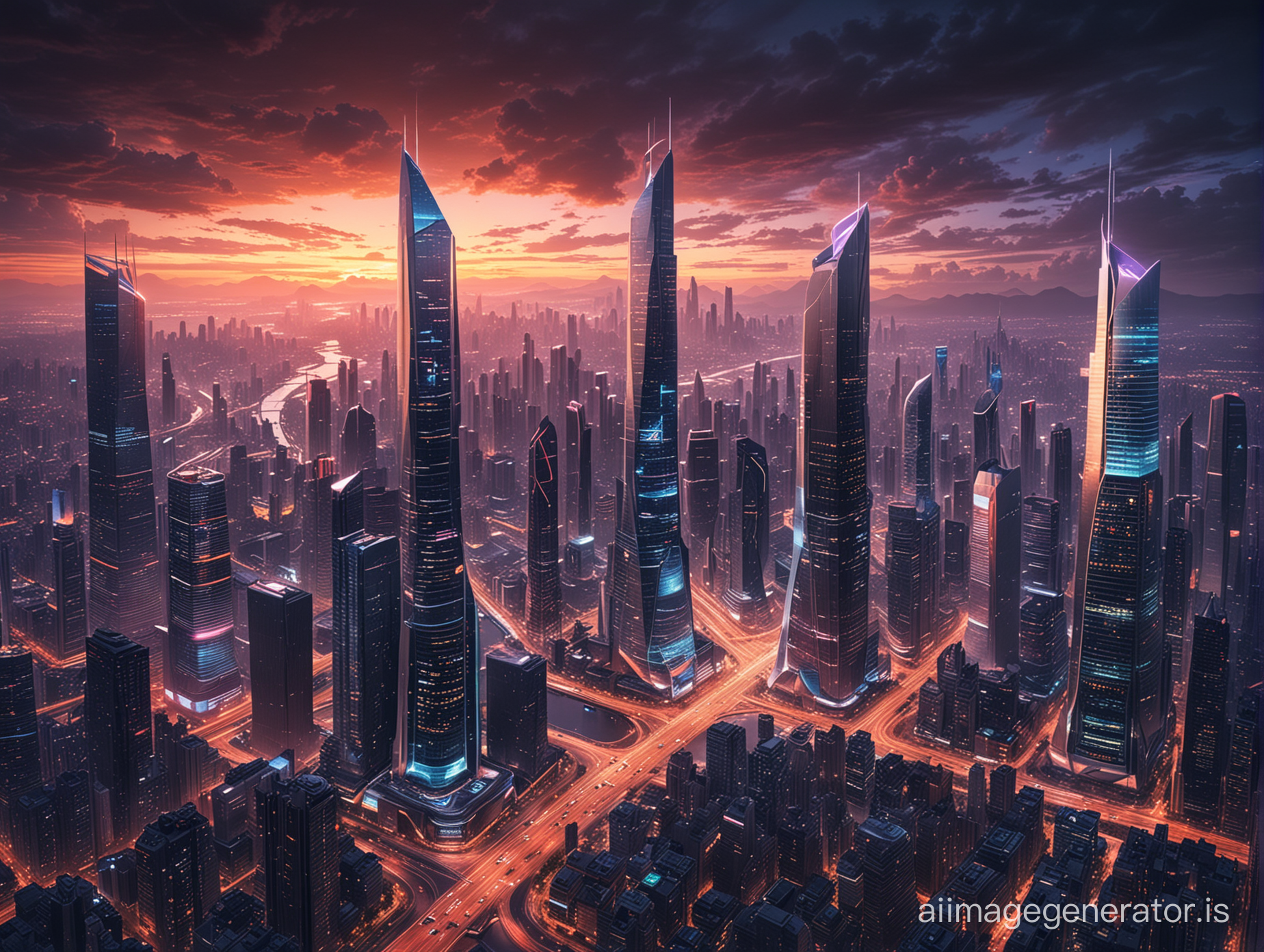 Create a futuristic cityscape infused with technology, with sleek skyscrapers and glowing neon lights stretching into the sky amidst a backdrop of advanced infrastructure and bustling activity, conveying a sense of urban sophistication and technological advancement.