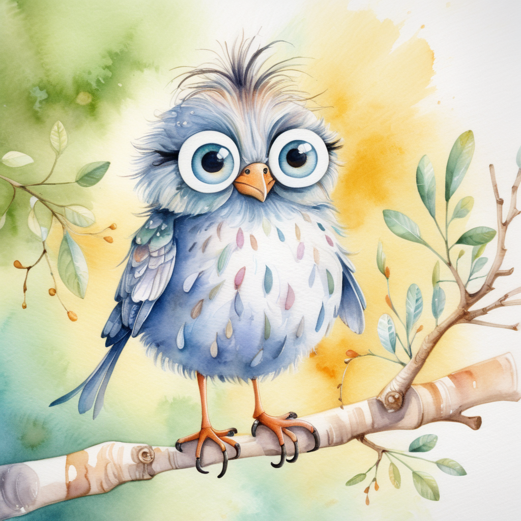 Playful and Adorable Birds Perched on a Branch in Summer Watercolor Scene