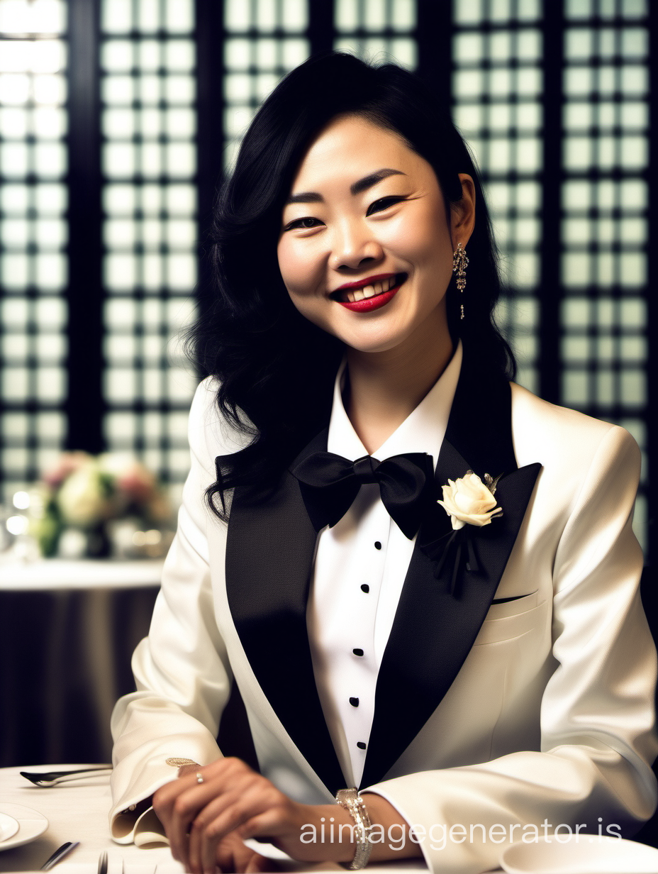 30 year old smiling chinese woman with black shoulder length hair and lipstick wearing a tuxedo with a black bow tie and cufflinks. Her jacket has a corsage. She is sitting at a dinner table.  