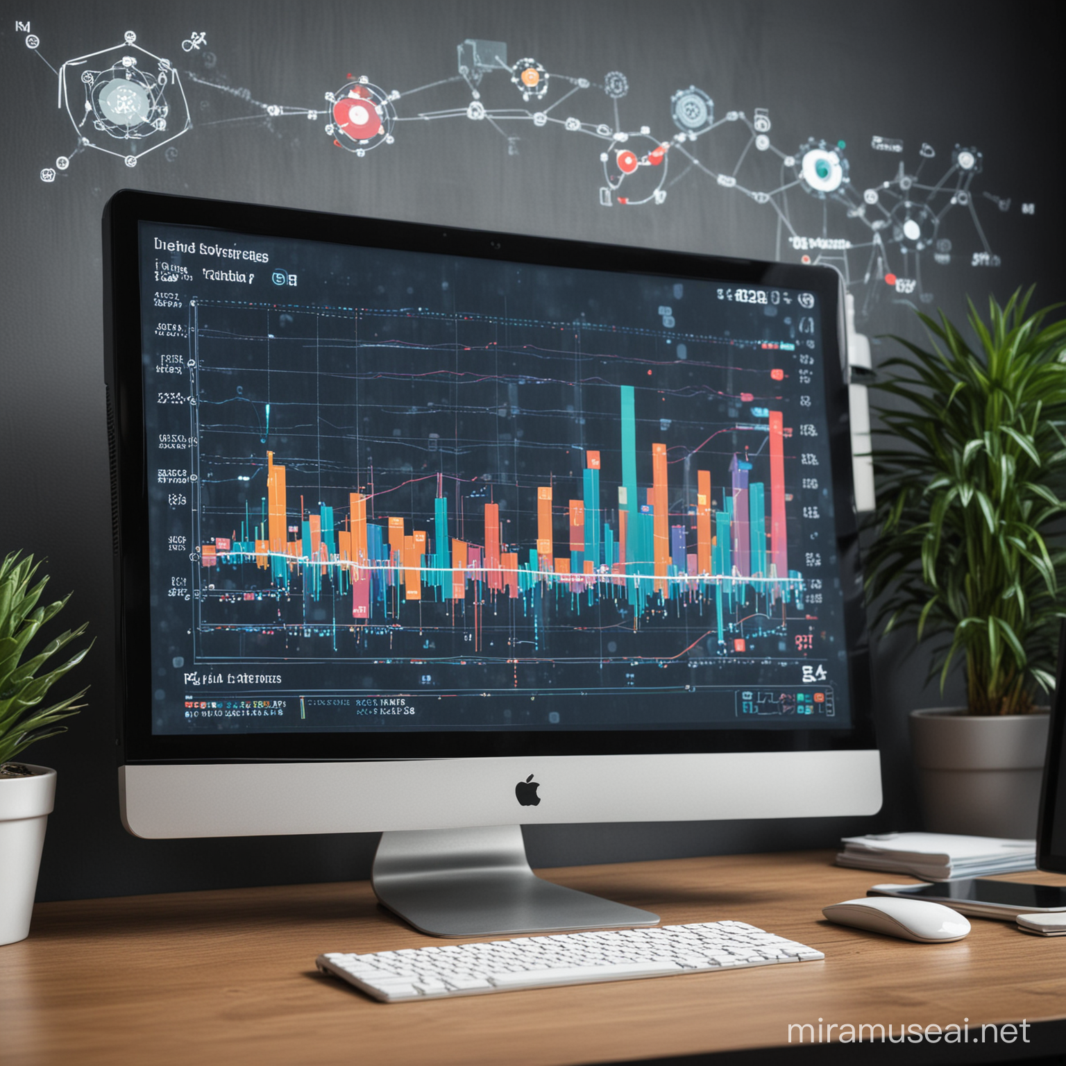 Una gráfica de tendencias ascendentes en una pantalla de computadora, con íconos de IA y datos alrededor, representando el análisis predictivo en marketing digital.