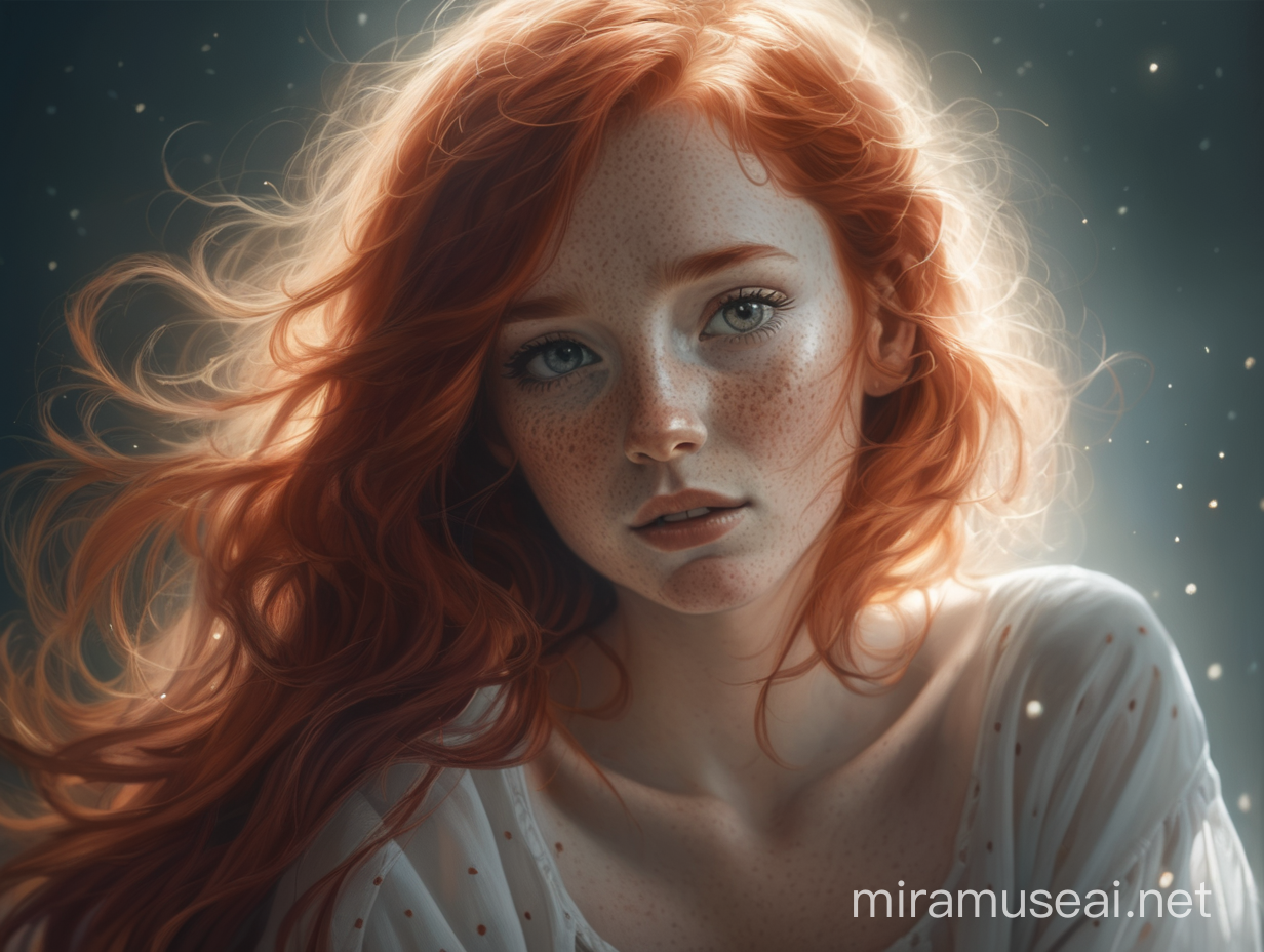 red-haired woman with freckles, in the light, with a big heart, love, animal spirits
