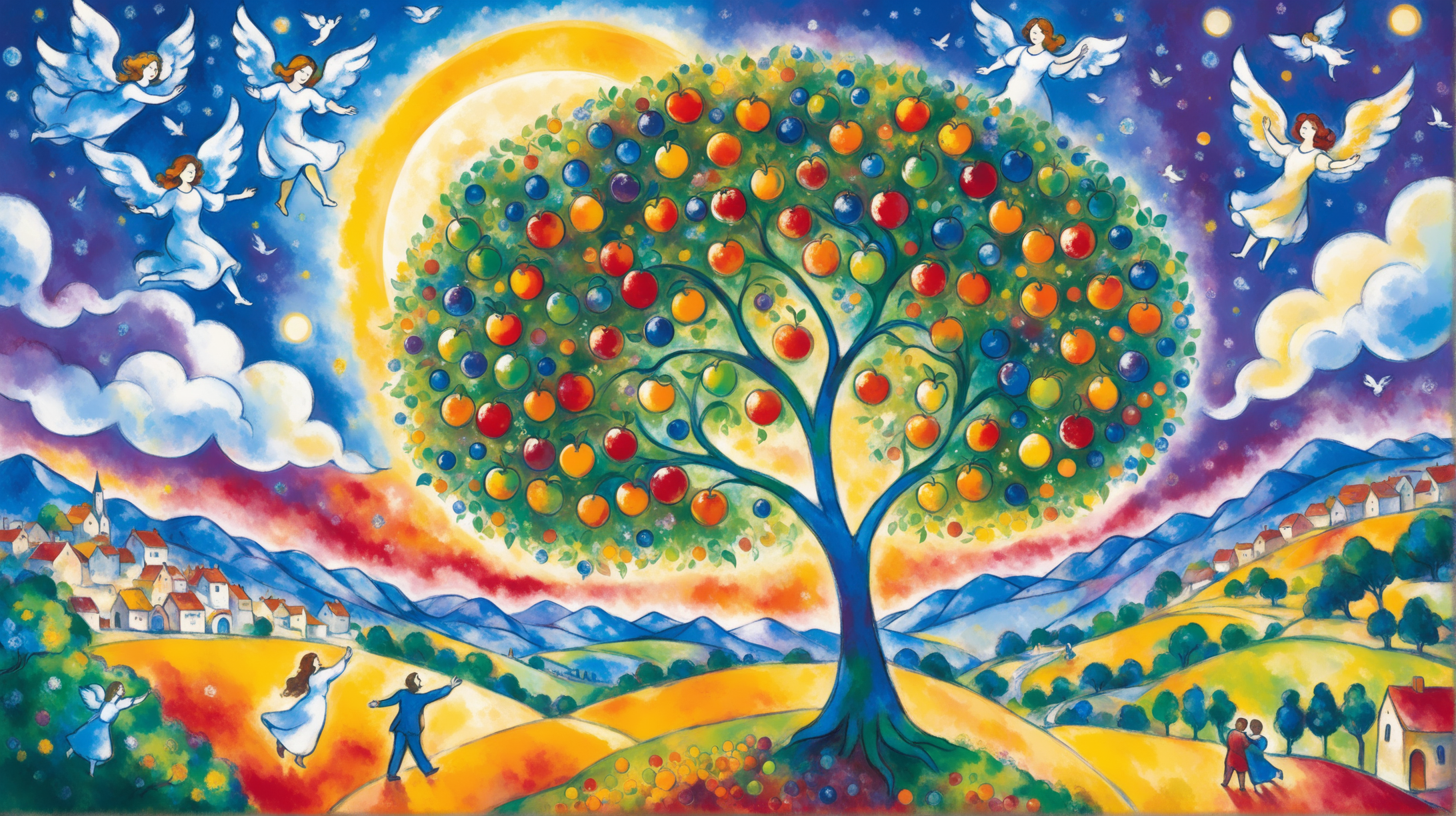 Generate a picture in the style of the artist 
Marc Chagall ,  a cornucopia feast using bright red, green, blue, yellow white and orange colors, give it more sky than land and add atree of life with angels floating randomly above and a  "Male God" larger in center of sky hand  reaching out  tp woman AND MAN  add fruit 