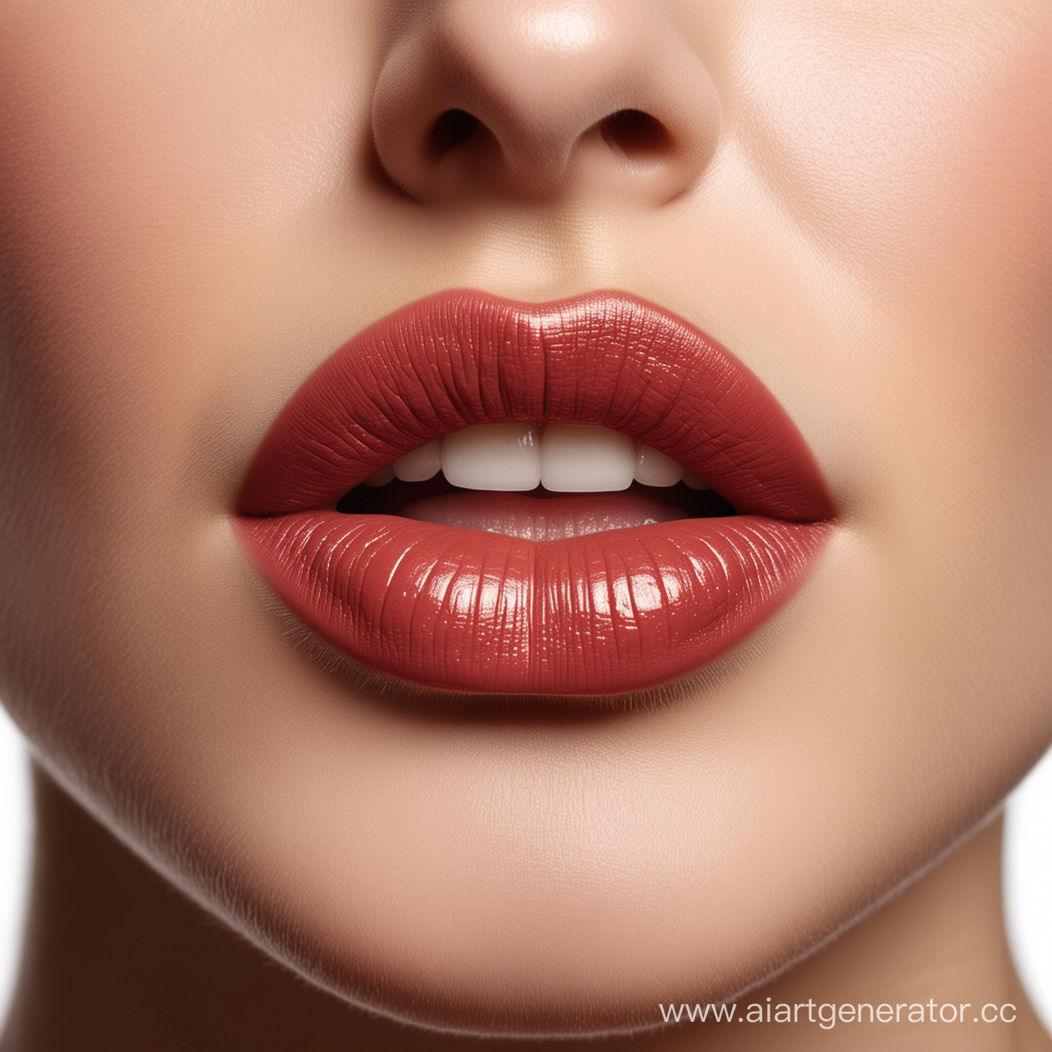 create a picture of a woman lips up close, teeth shooing slightly. for lipstick ad
