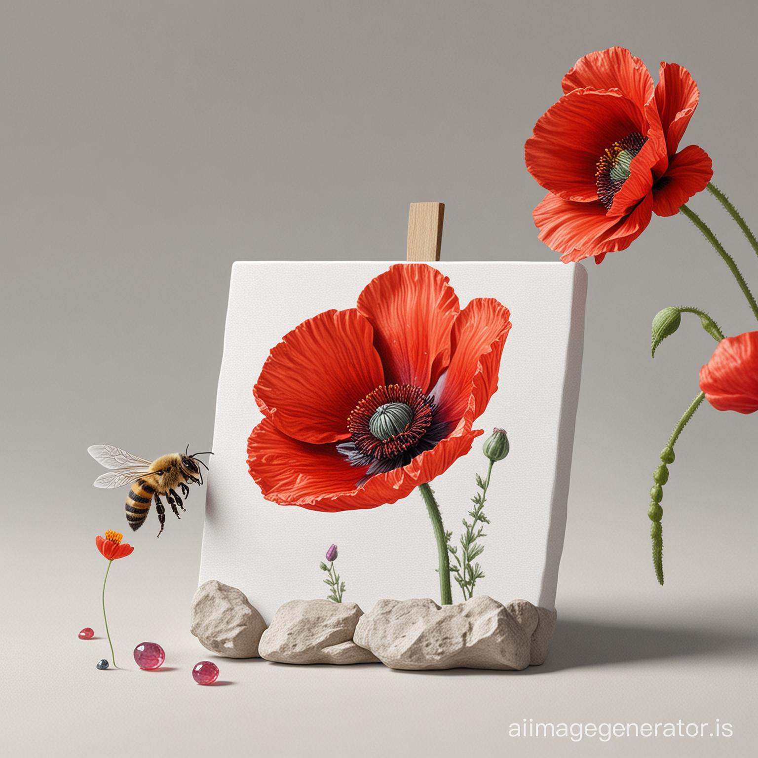 The art of making realistic paintings of precious stones, a minimalistic image of precious stones on a white canvas, a bee sits on a scarlet poppy flower, 16-bit color scheme, made up of precious stones