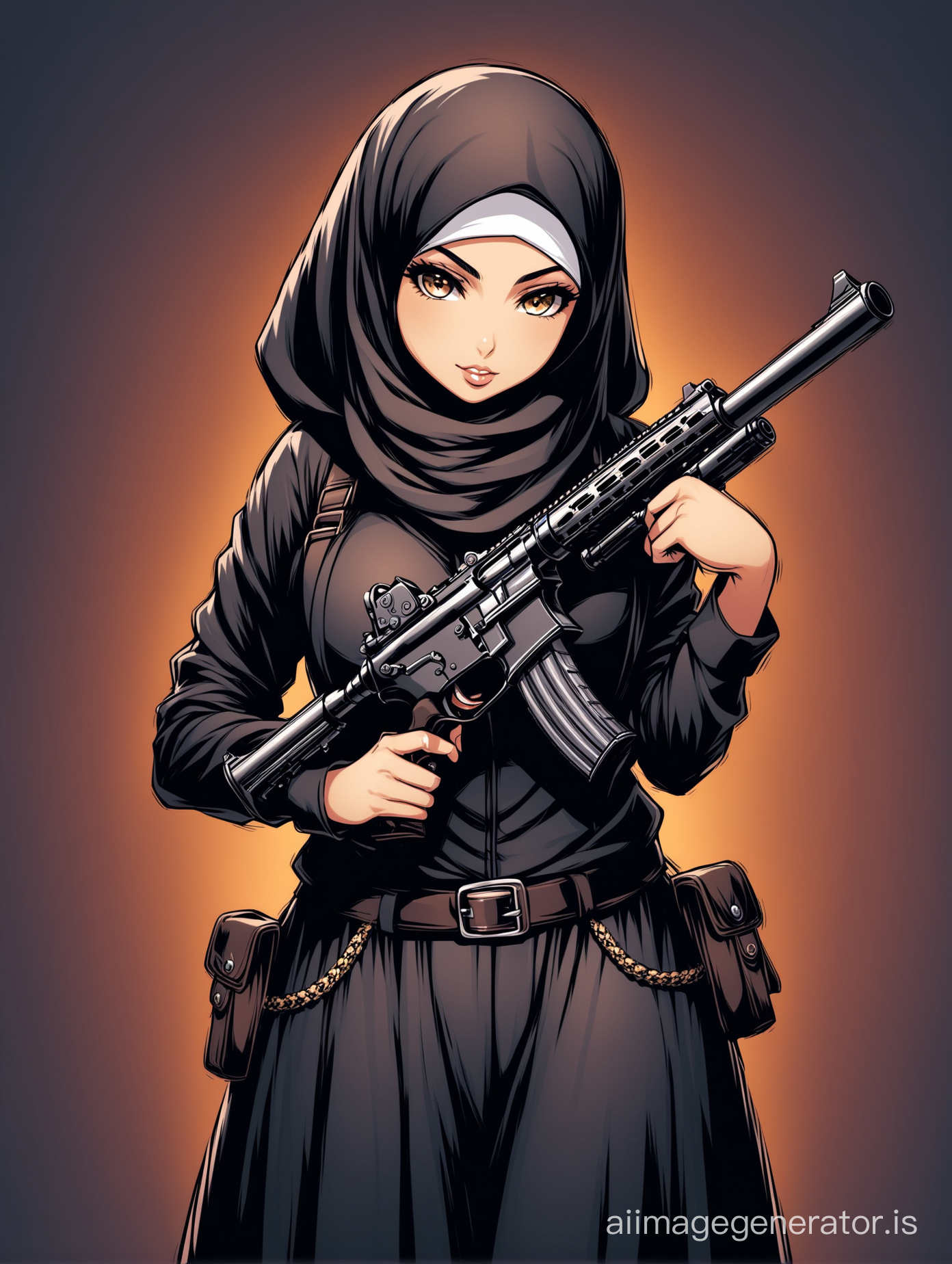 Logo picture of a gangster girl in hijab holding gun، 